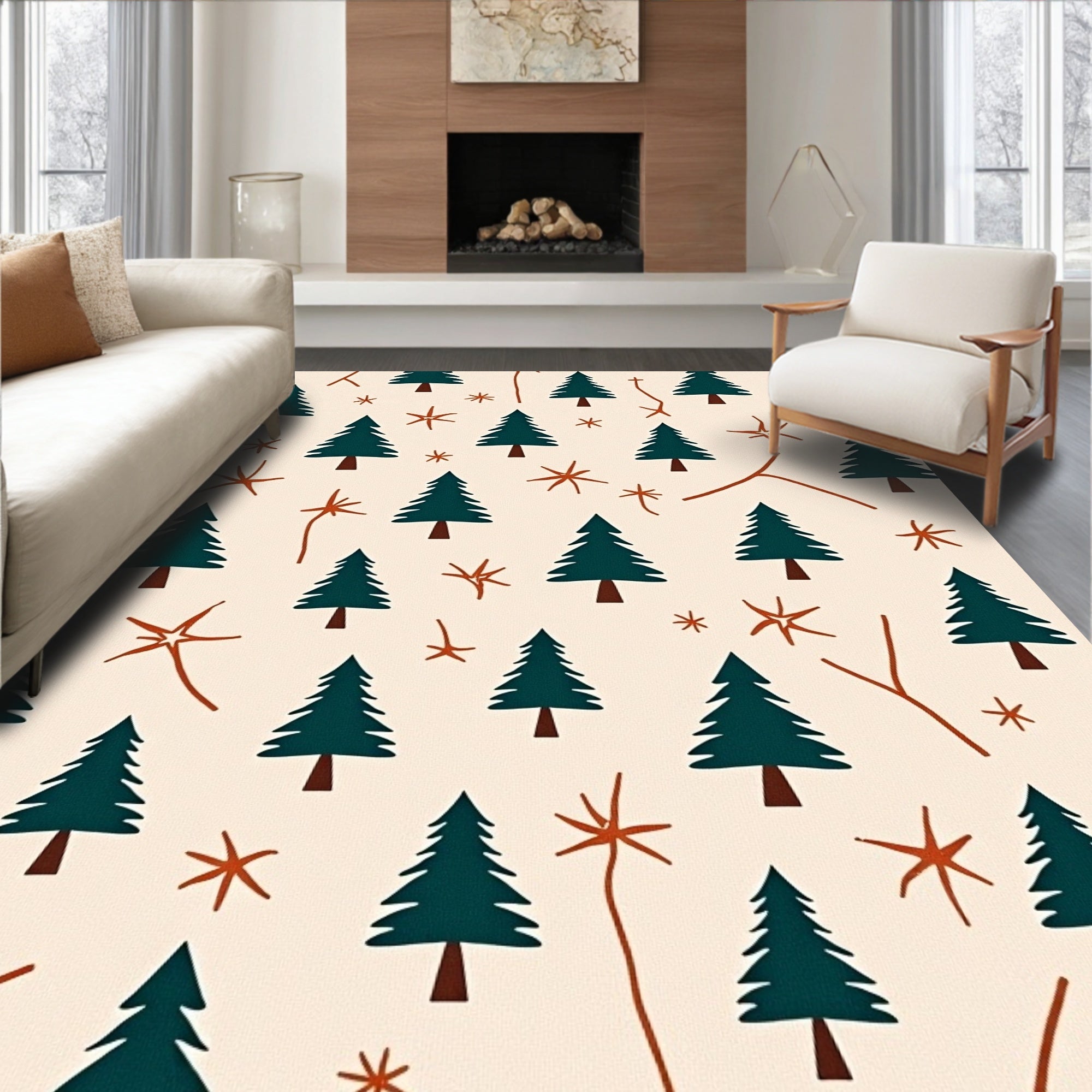 Forest Green Evergreen Branch Snow Rug