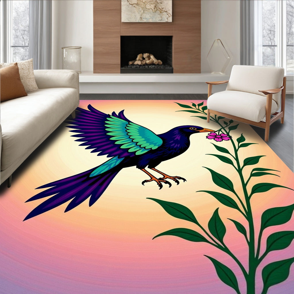 Vibrant Plumage Bird Pink Flower Sprig Rug