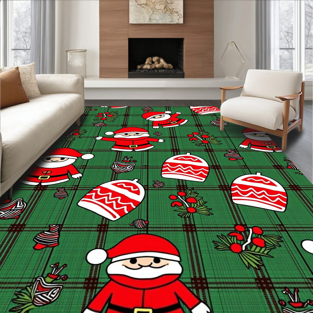 Green Plaid Santa Claus Christmas Ornaments Rug