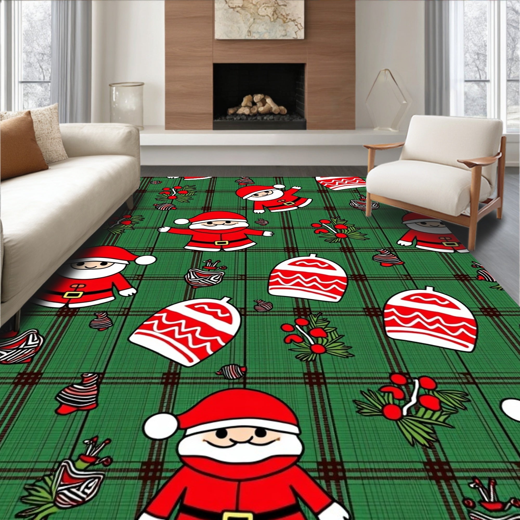 Green Plaid Santa Claus Christmas Ornaments Rug