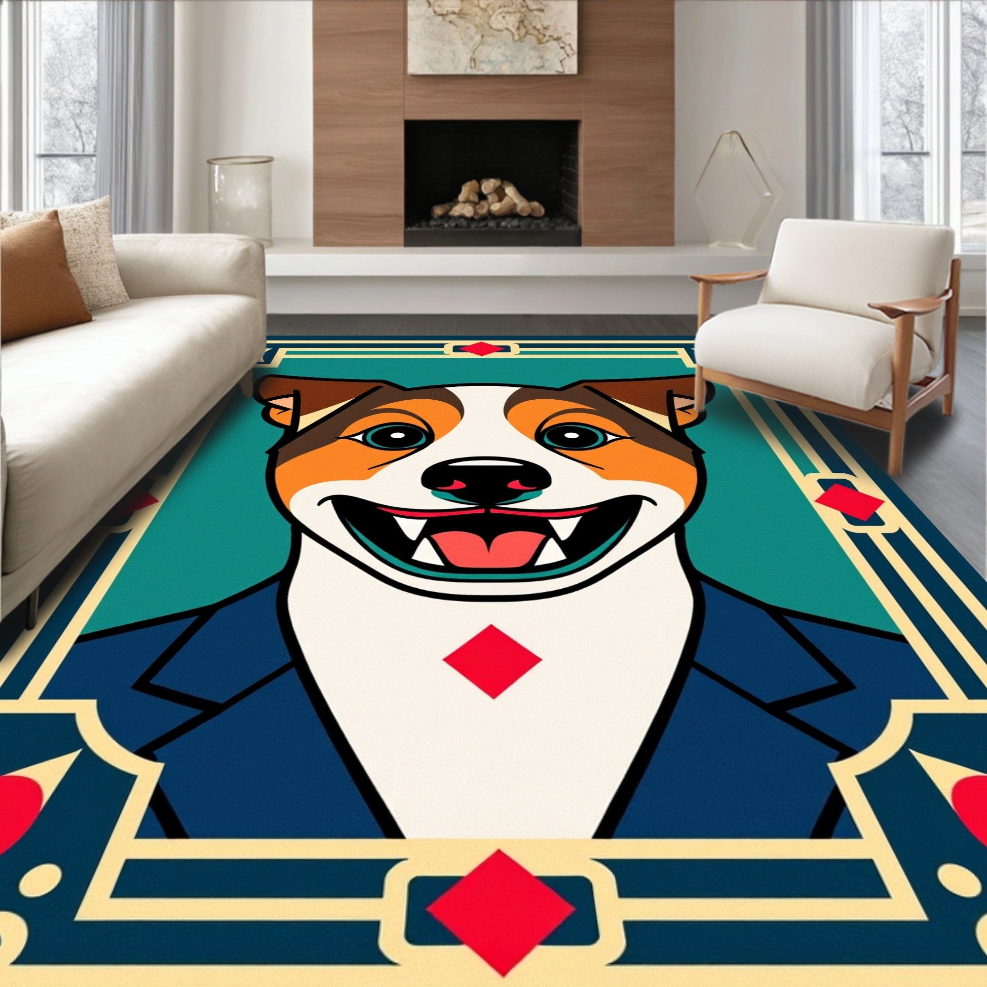 Bold Canine Portrait Geometric Frame Rug