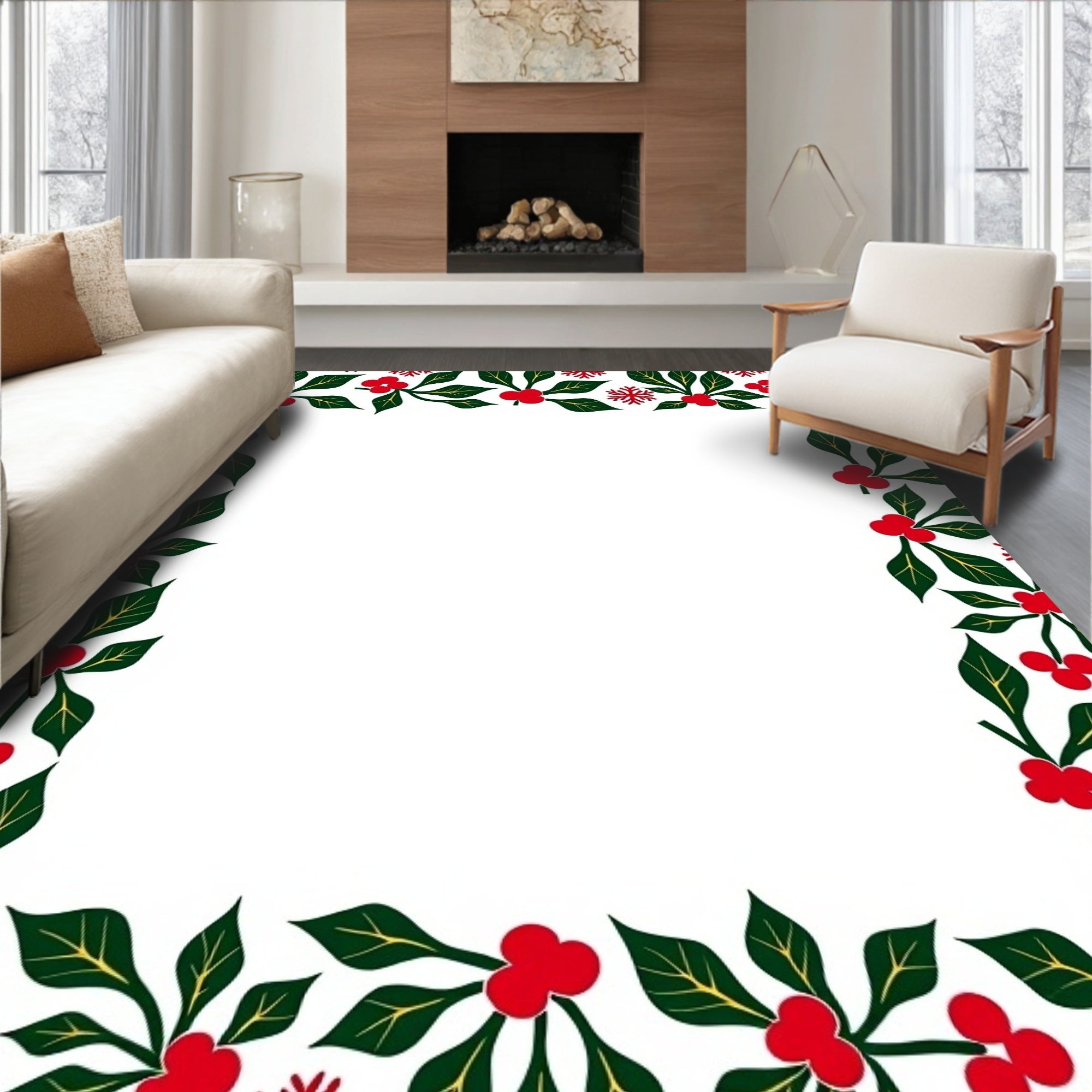 Red Berry Green Leaf Snowflake Border Rug