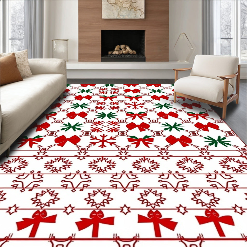 Red Green Bow Snowflake Border Rug