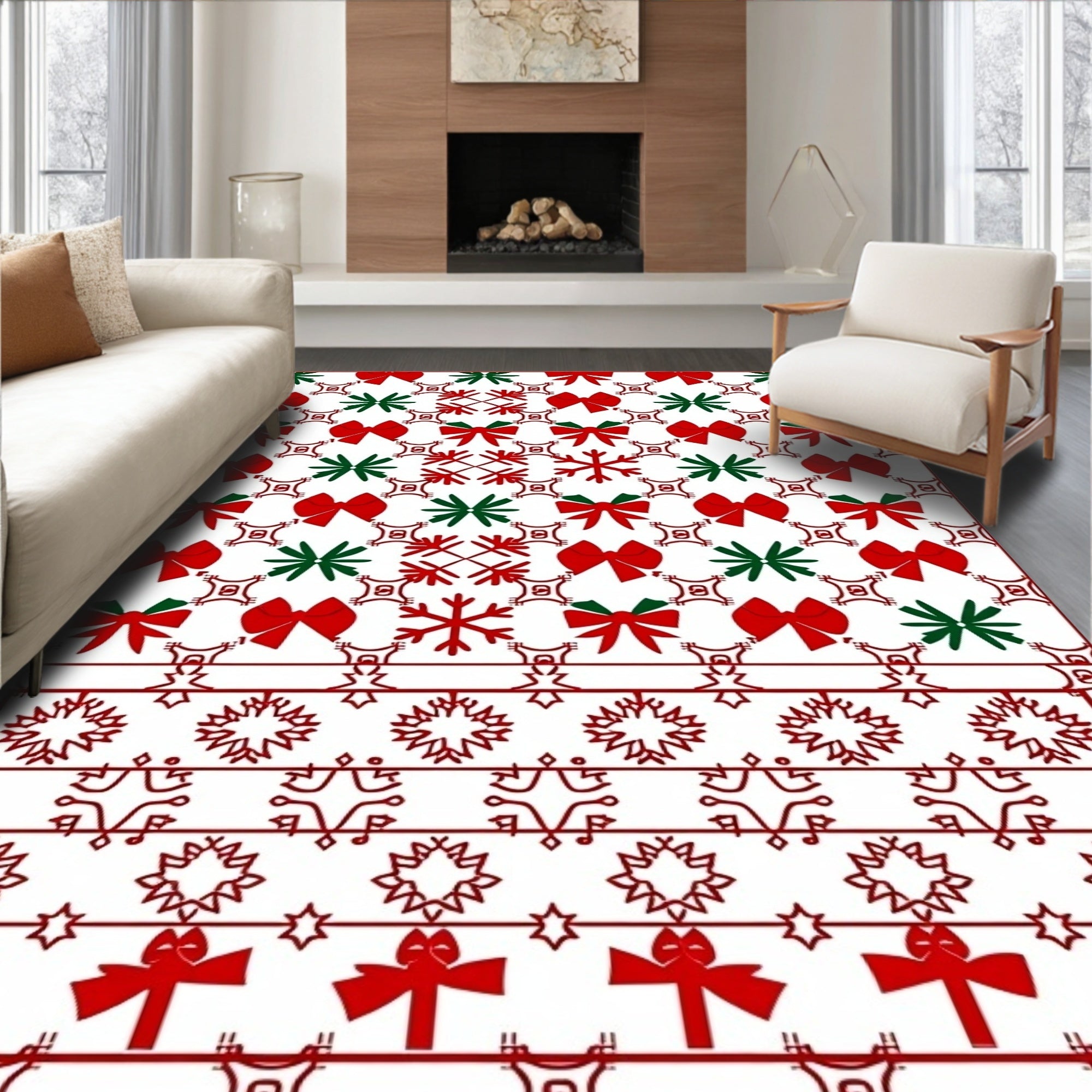 Red Green Bow Snowflake Border Rug