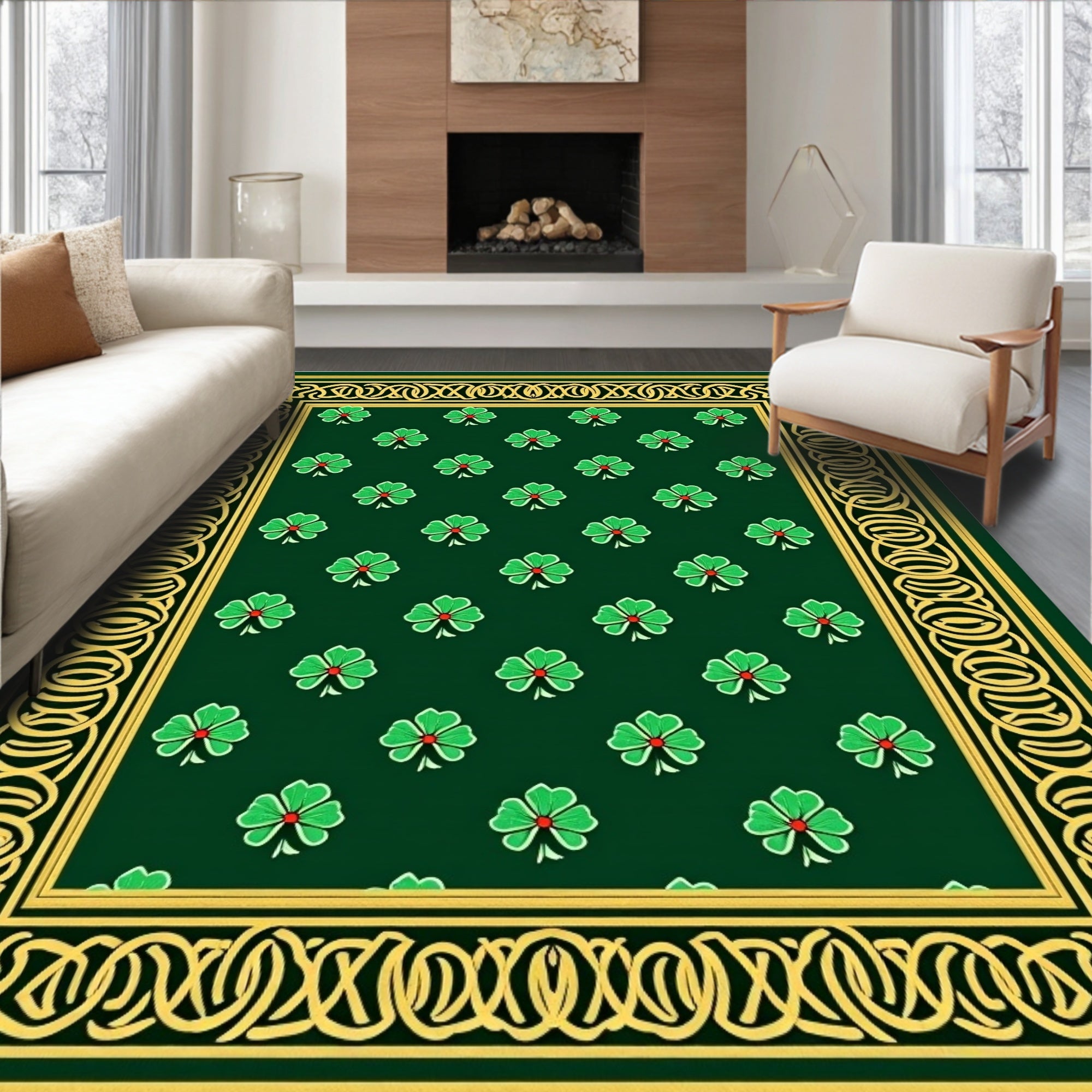 Lucky Green Clover Floral Border Rug