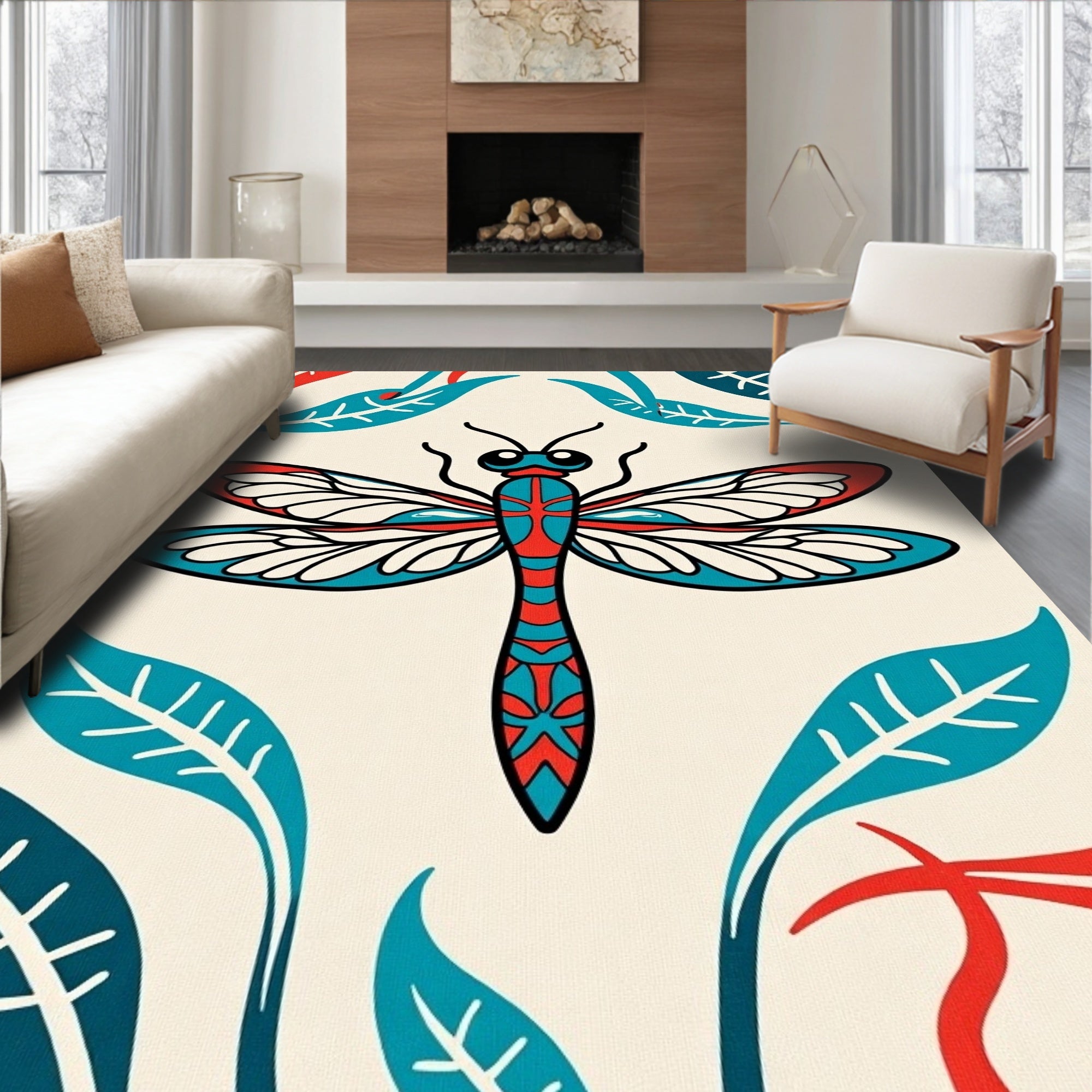 Crimson Teal Dragonfly Foliage Scene Rug