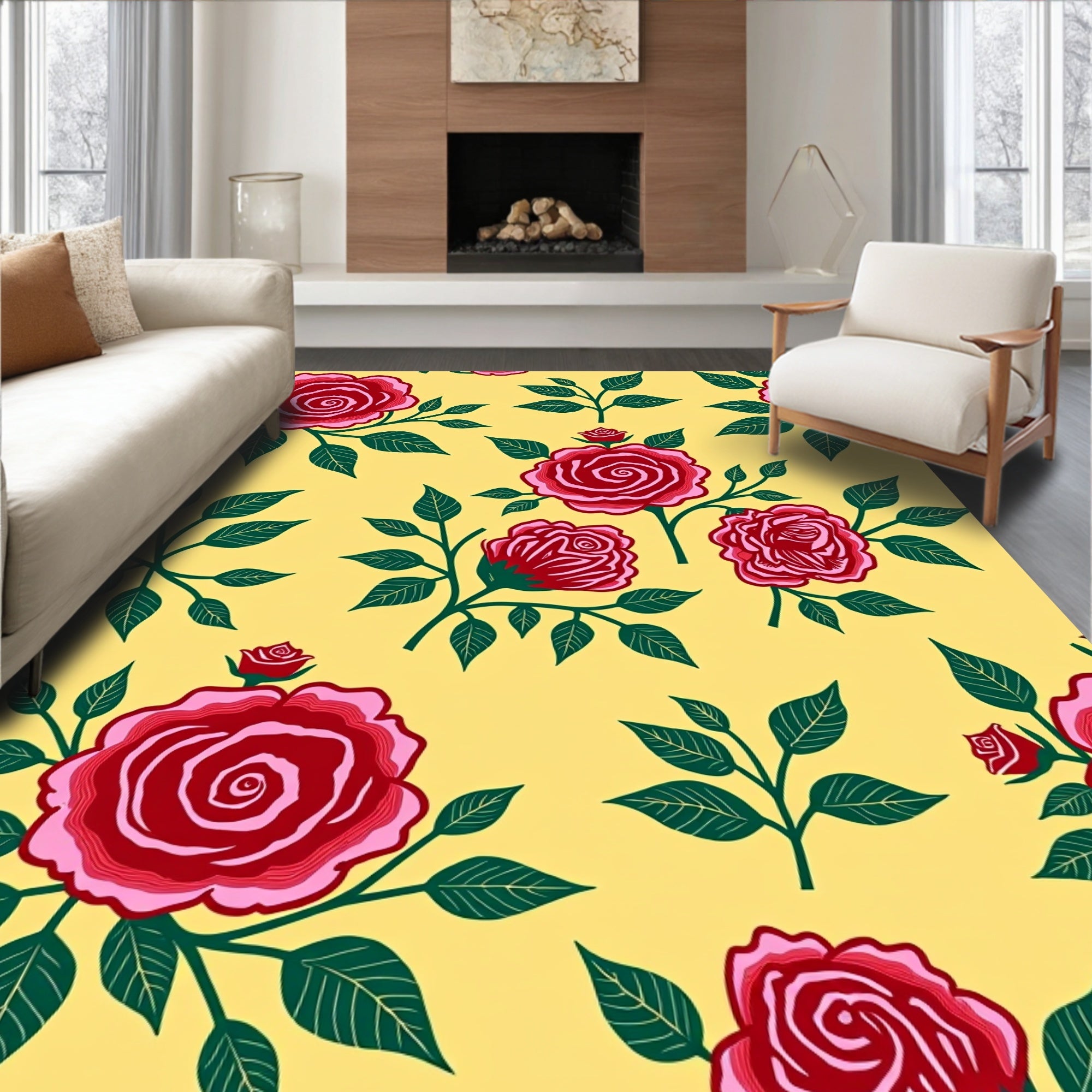 Crimson Rose Garland Yellow Background Rug
