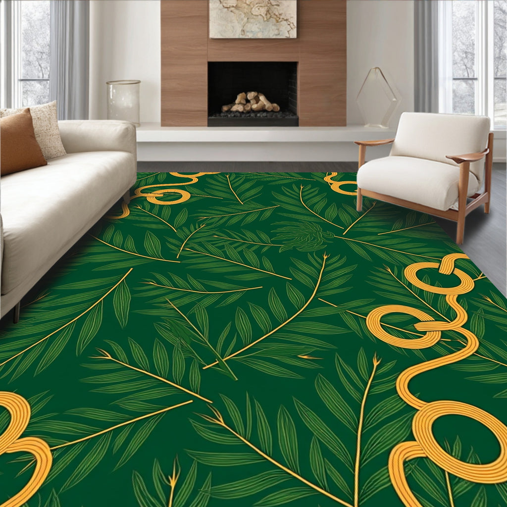 Deep Green Palm Leaf Gold Swirl Rug