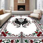 Black Roosters Red Green Floral Border Rug