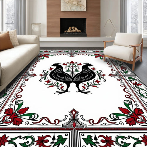 Black Roosters Red Green Floral Border Rug