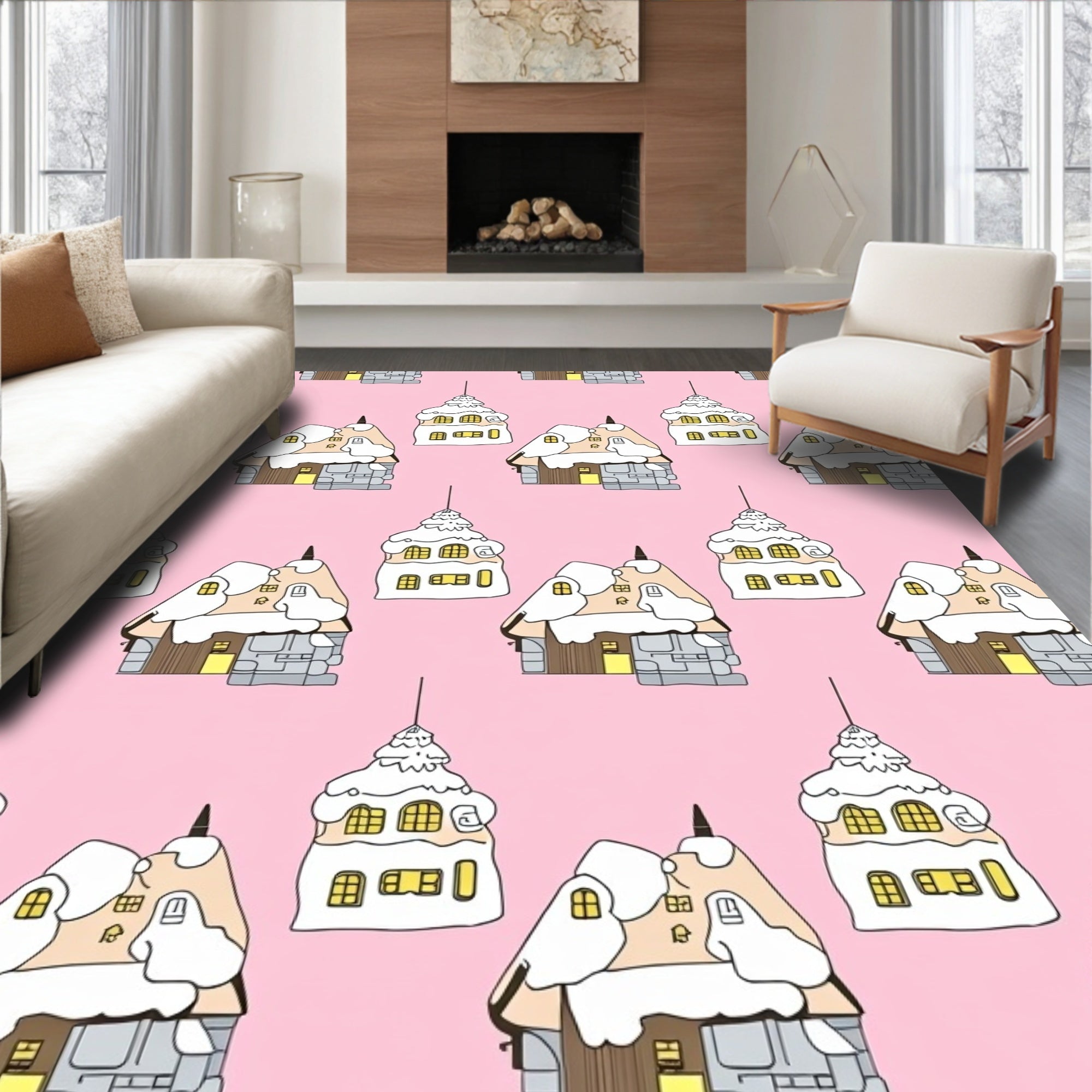 Cozy Snowy Village Houses Pink Background Rug