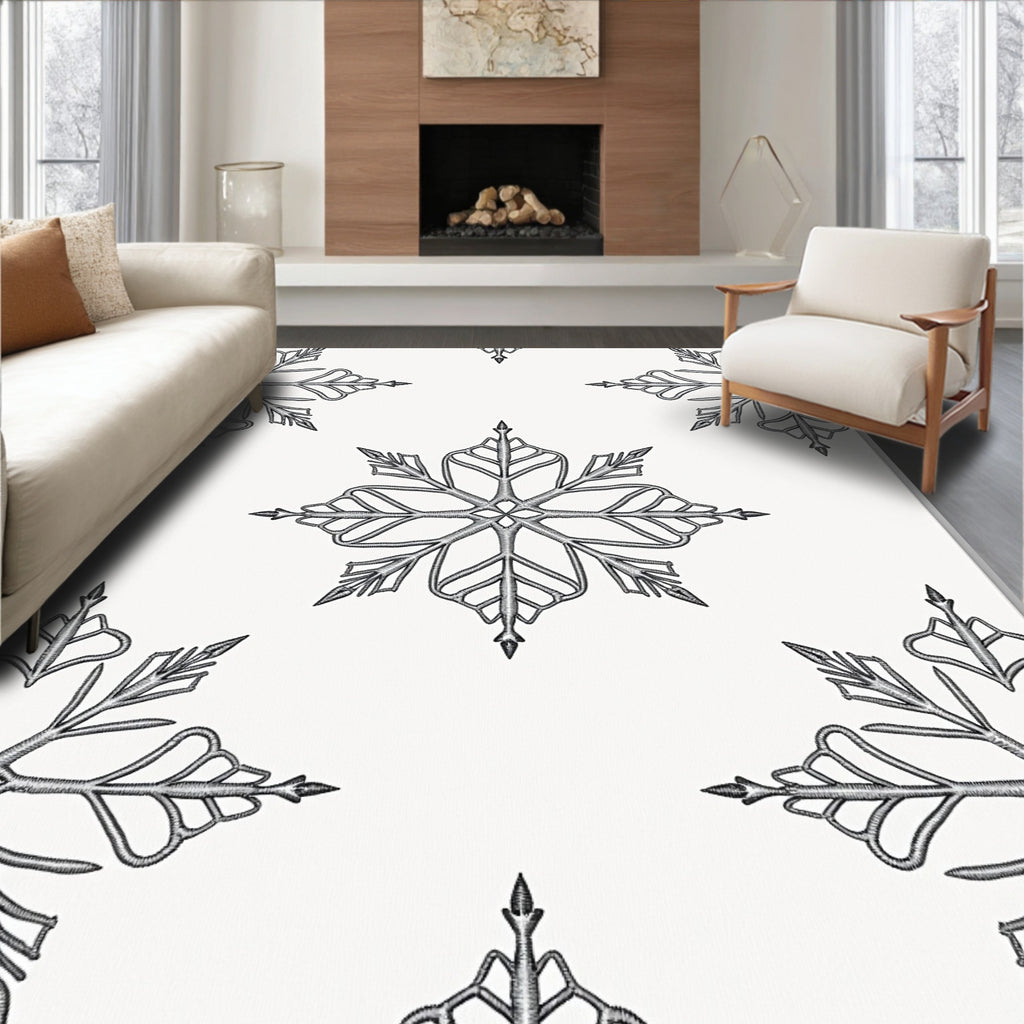 Winter Snowflake Embroidered Black White Rug