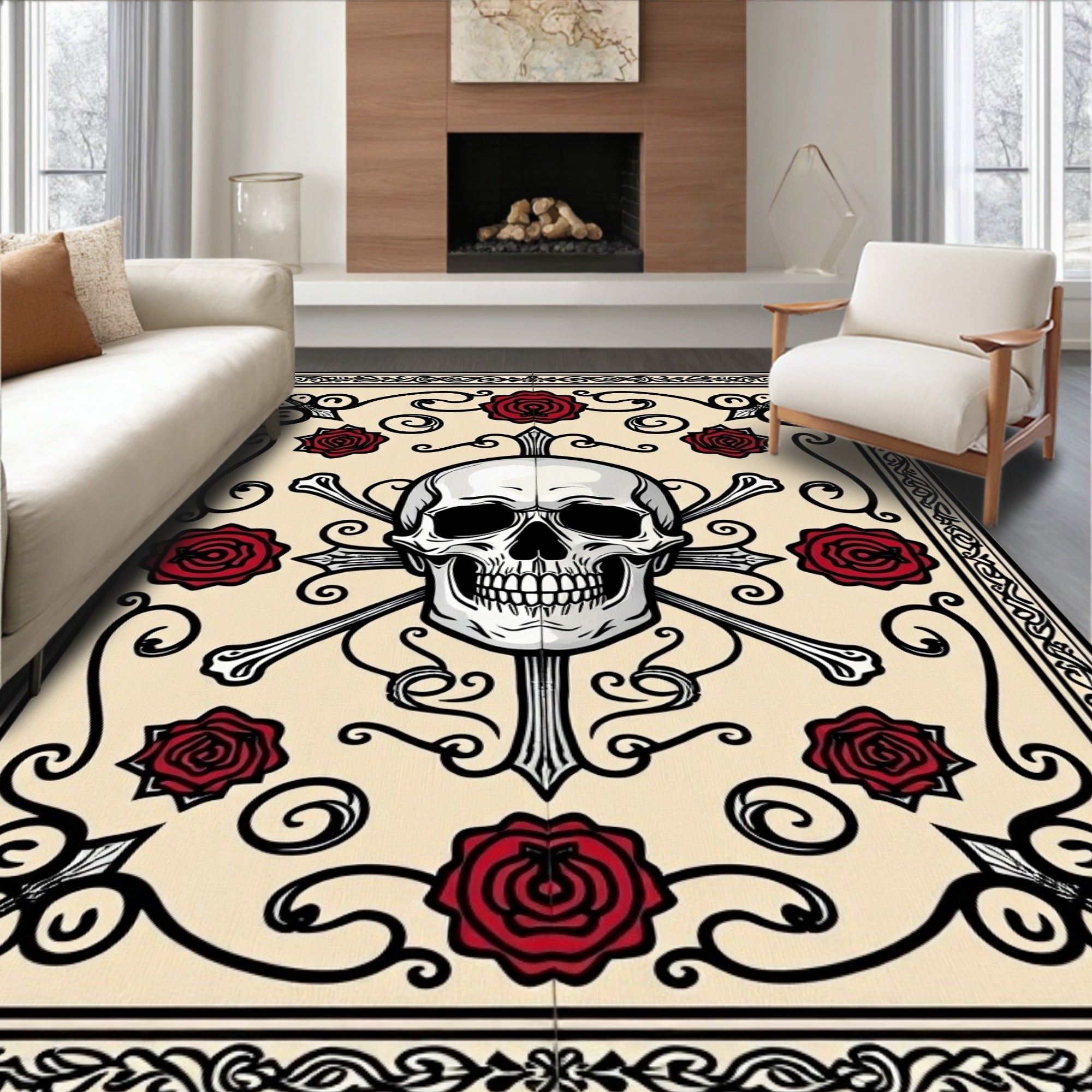 Crimson Skull Roses Baroque Border Rug