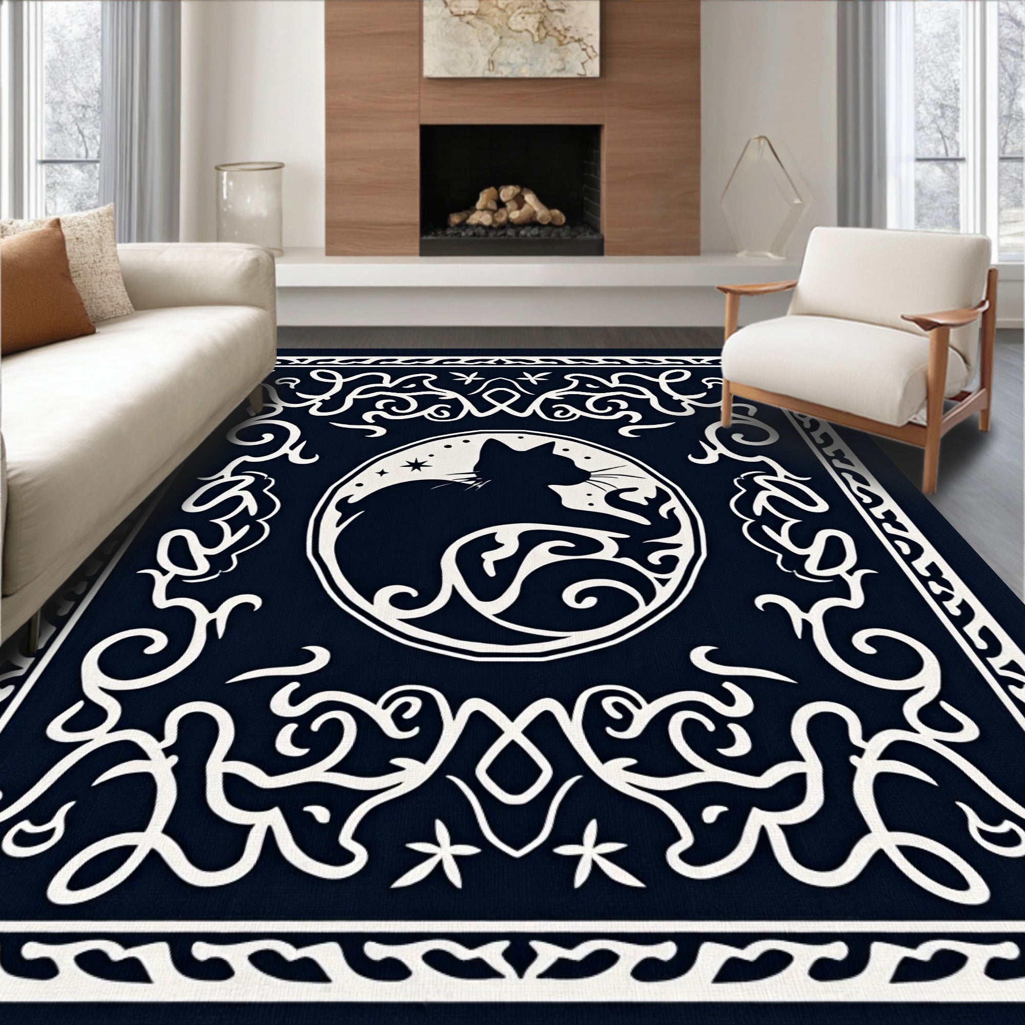 Mystical Black Cat Celestial Circle Rug