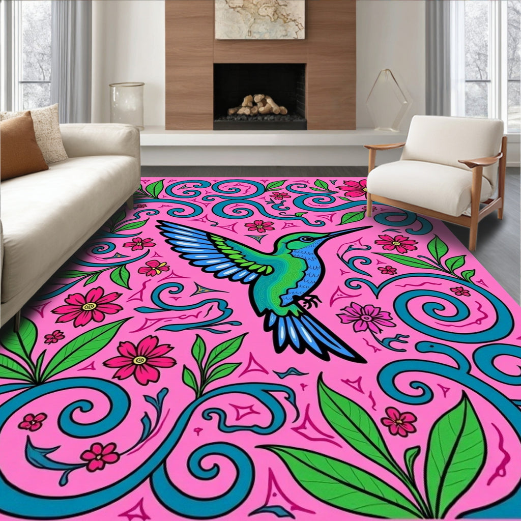 Vibrant Hummingbird Pink Floral Scroll Rug