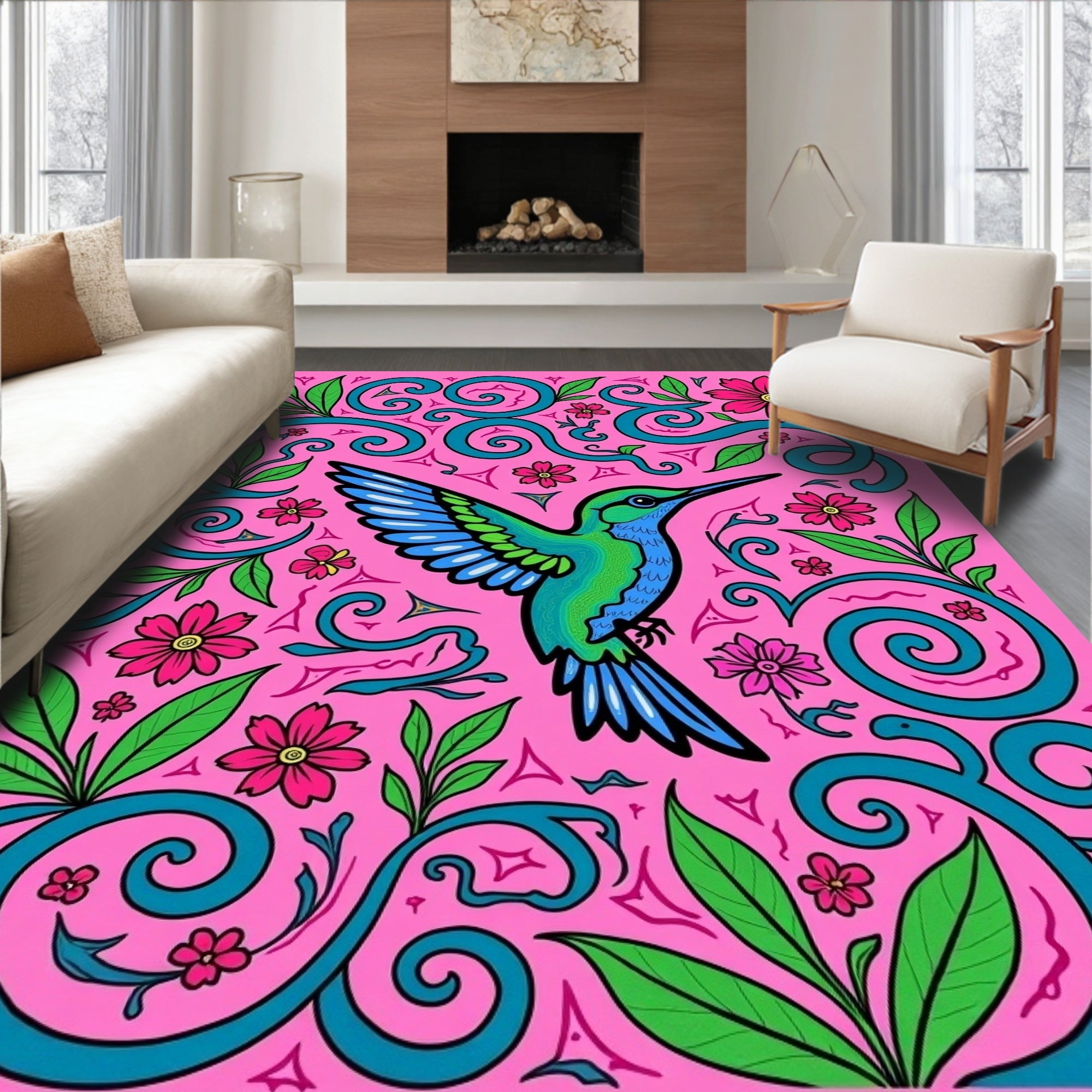 Vibrant Hummingbird Pink Floral Scroll Rug