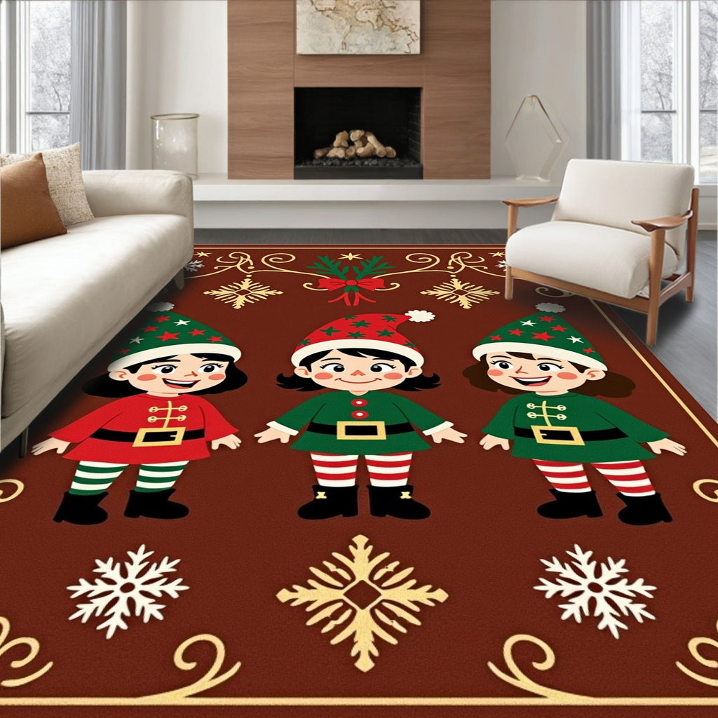Christmas Elves With Holly And Snowflakes Rug