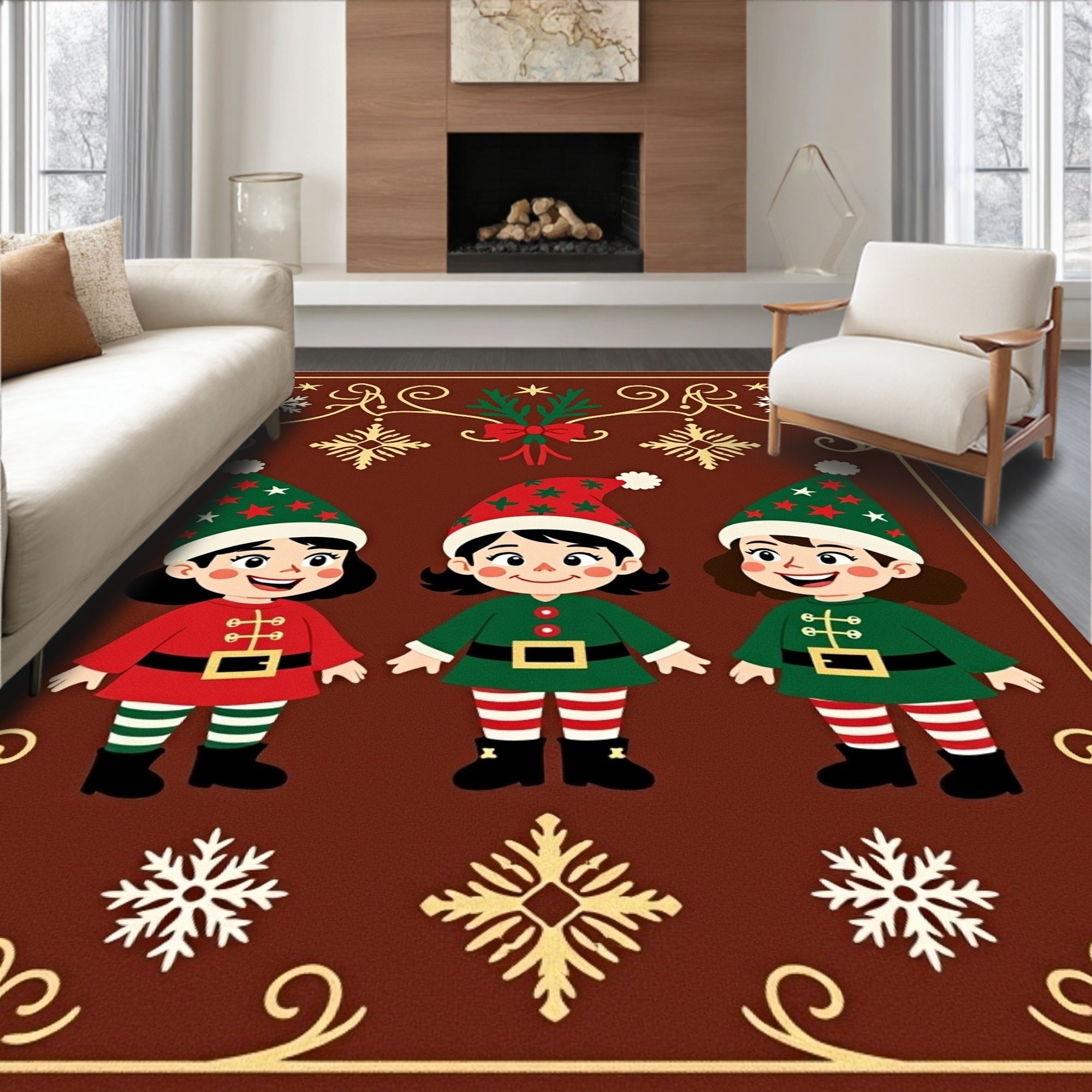 Christmas Elves With Holly And Snowflakes Rug