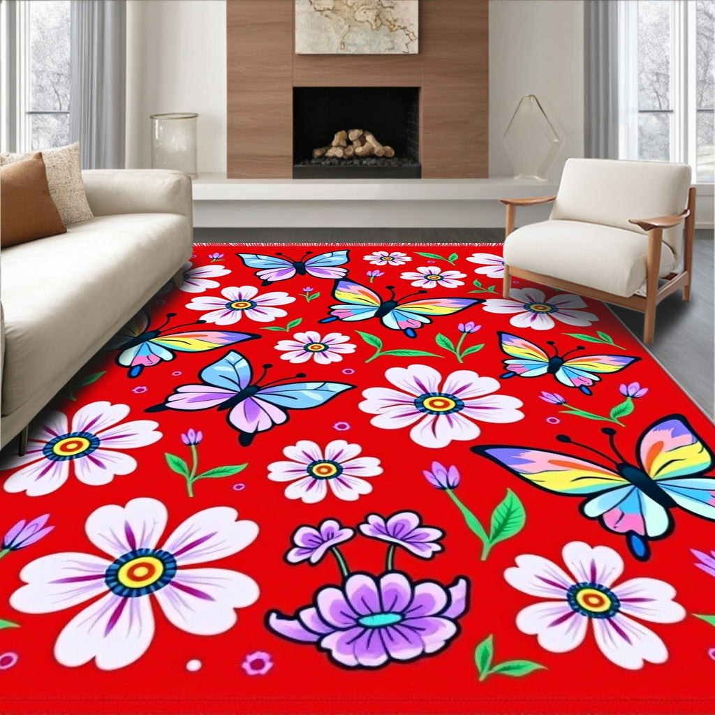 Vibrant Red Butterfly Floral Meadow Rug