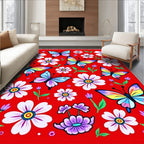 Vibrant Red Butterfly Floral Meadow Rug