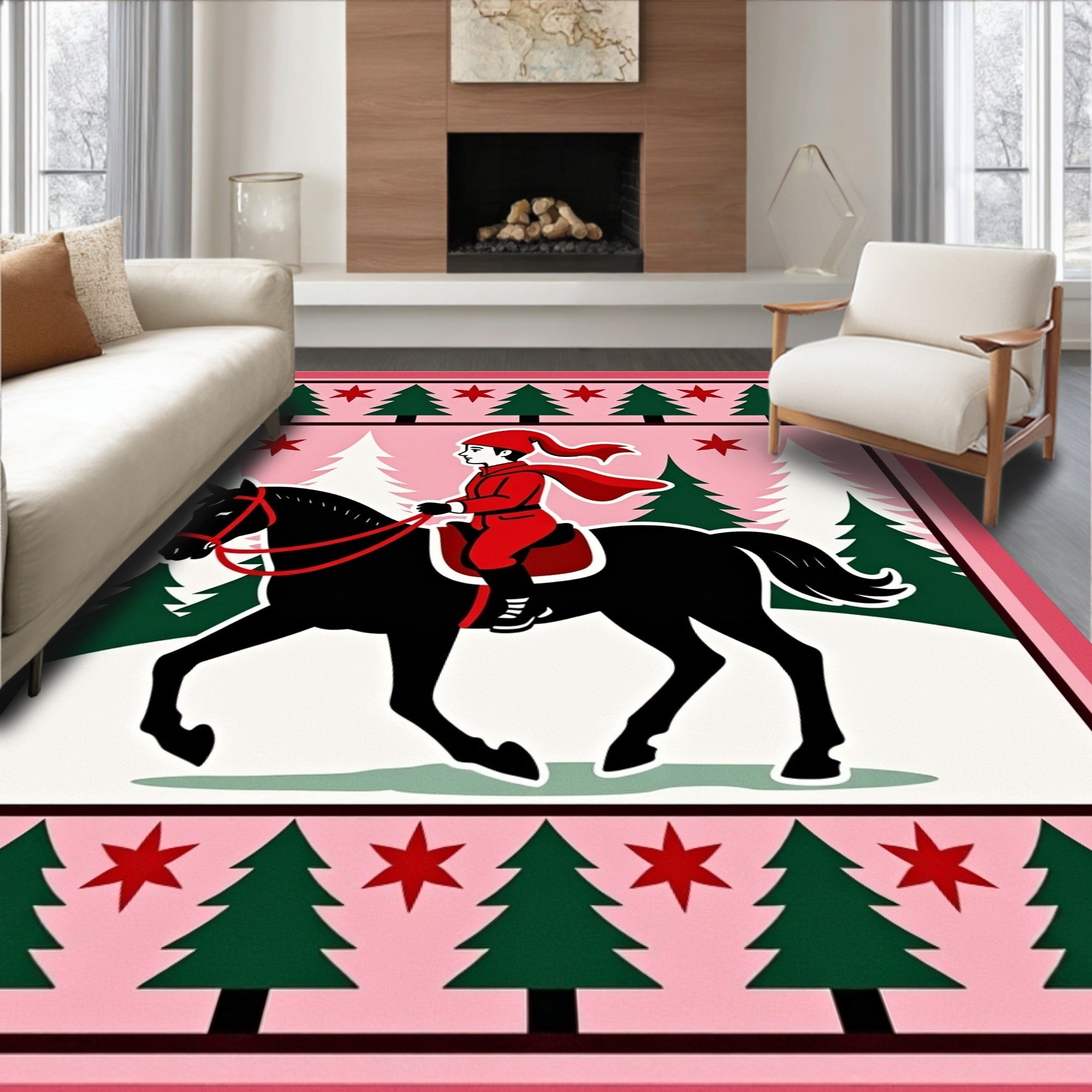 Red Rider Black Horse Winter Scene Rug