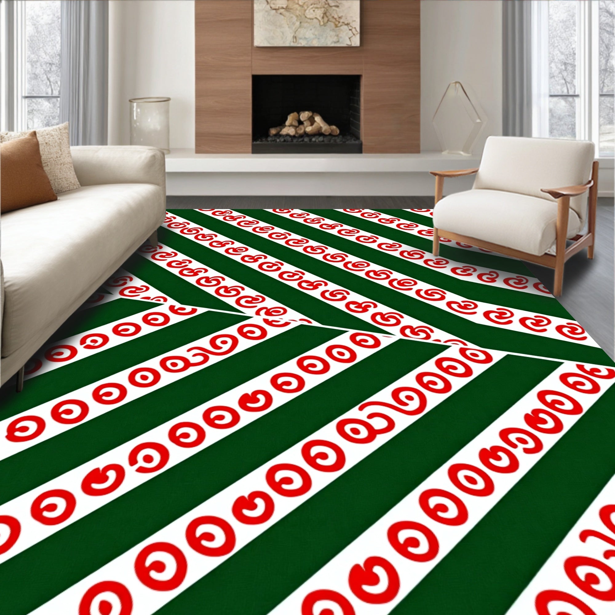 Diagonal Stripe Red Swirl Emerald Rug