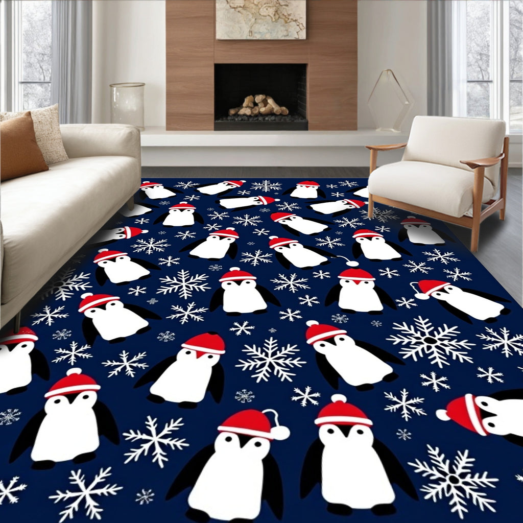 Festive Penguin Snowflakes Blue Rug