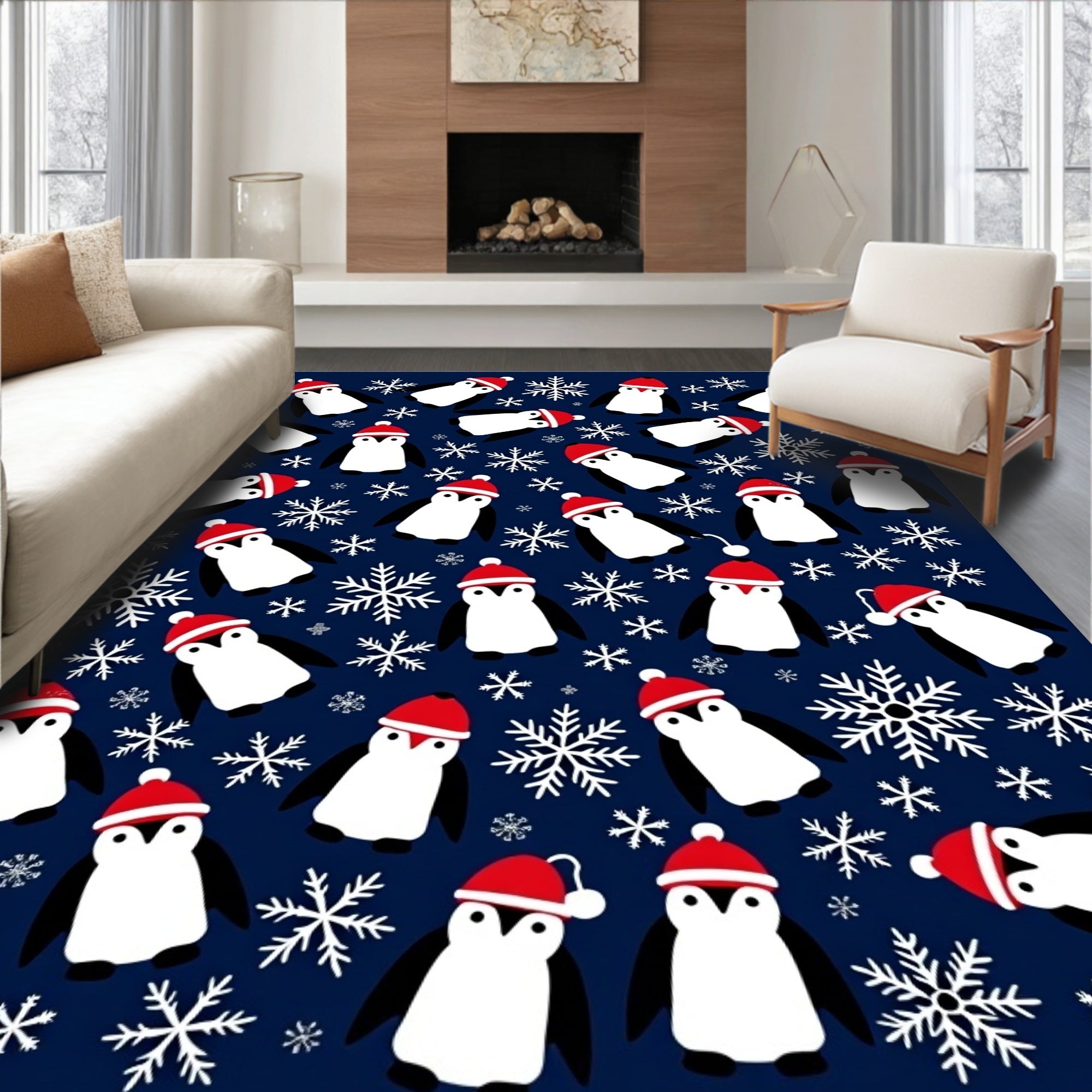 Festive Penguin Snowflakes Blue Rug