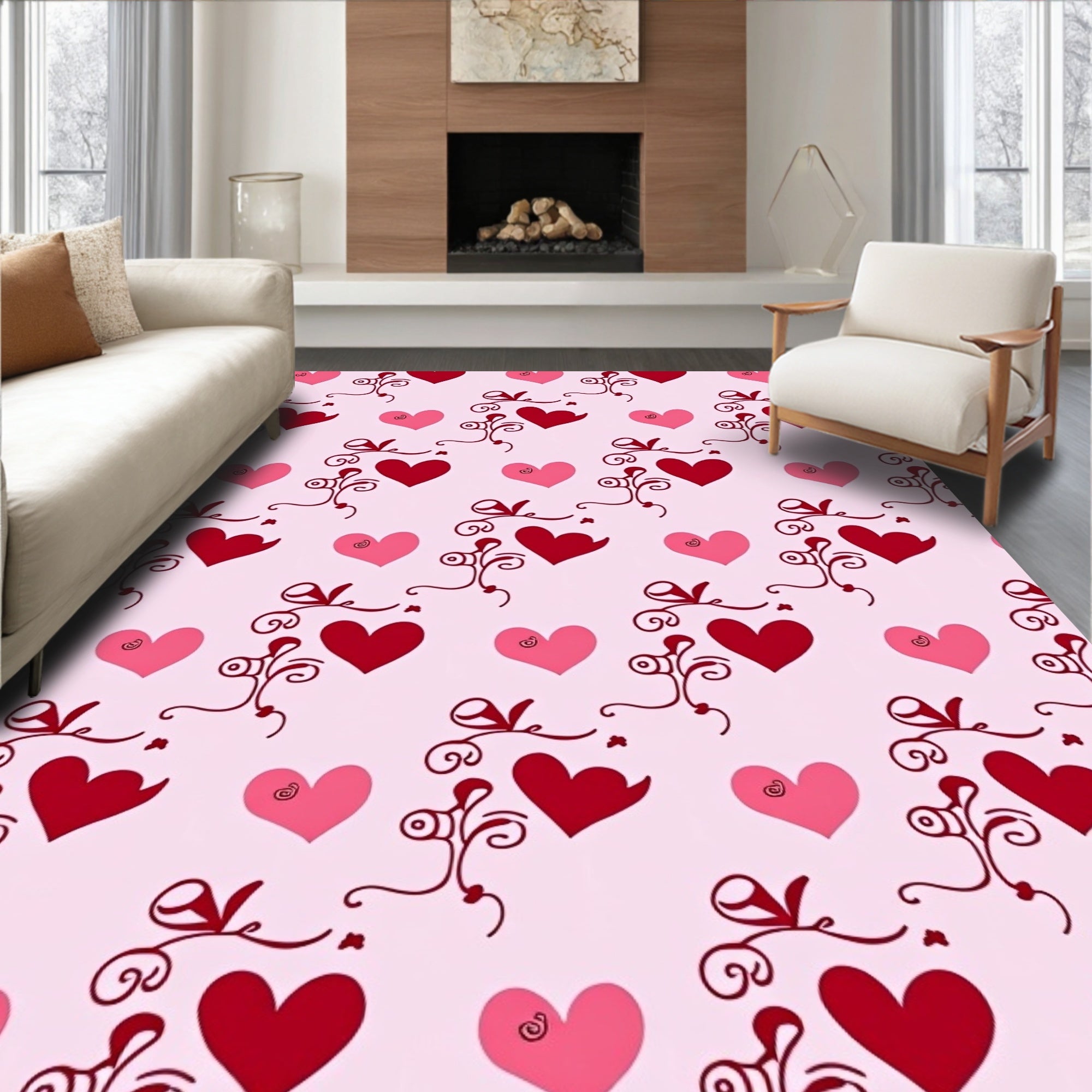 Romantic Crimson Pink Heart Swirls Rug