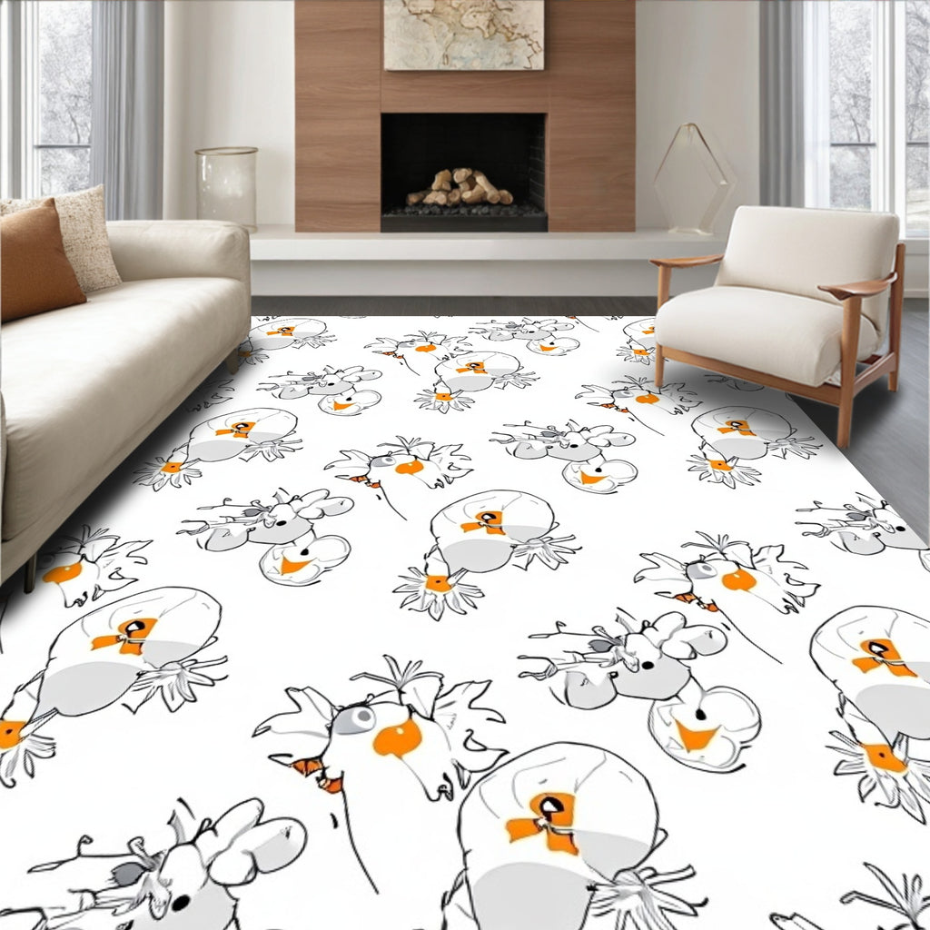 Whimsical White Cartoon Bird Floral Repeat Rug