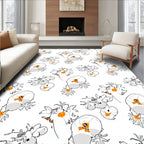 Whimsical White Cartoon Bird Floral Repeat Rug