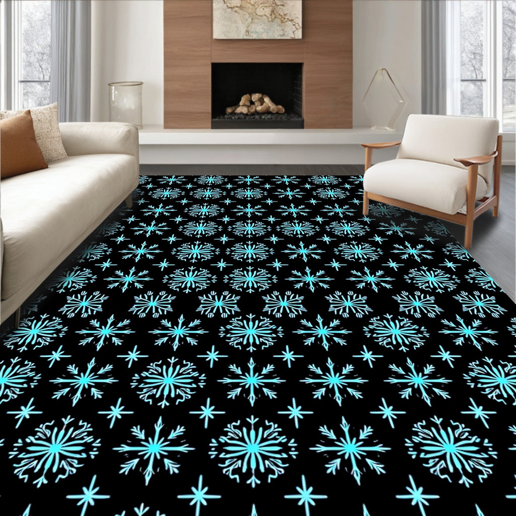 Aqua Snowflake Star Black Background Rug