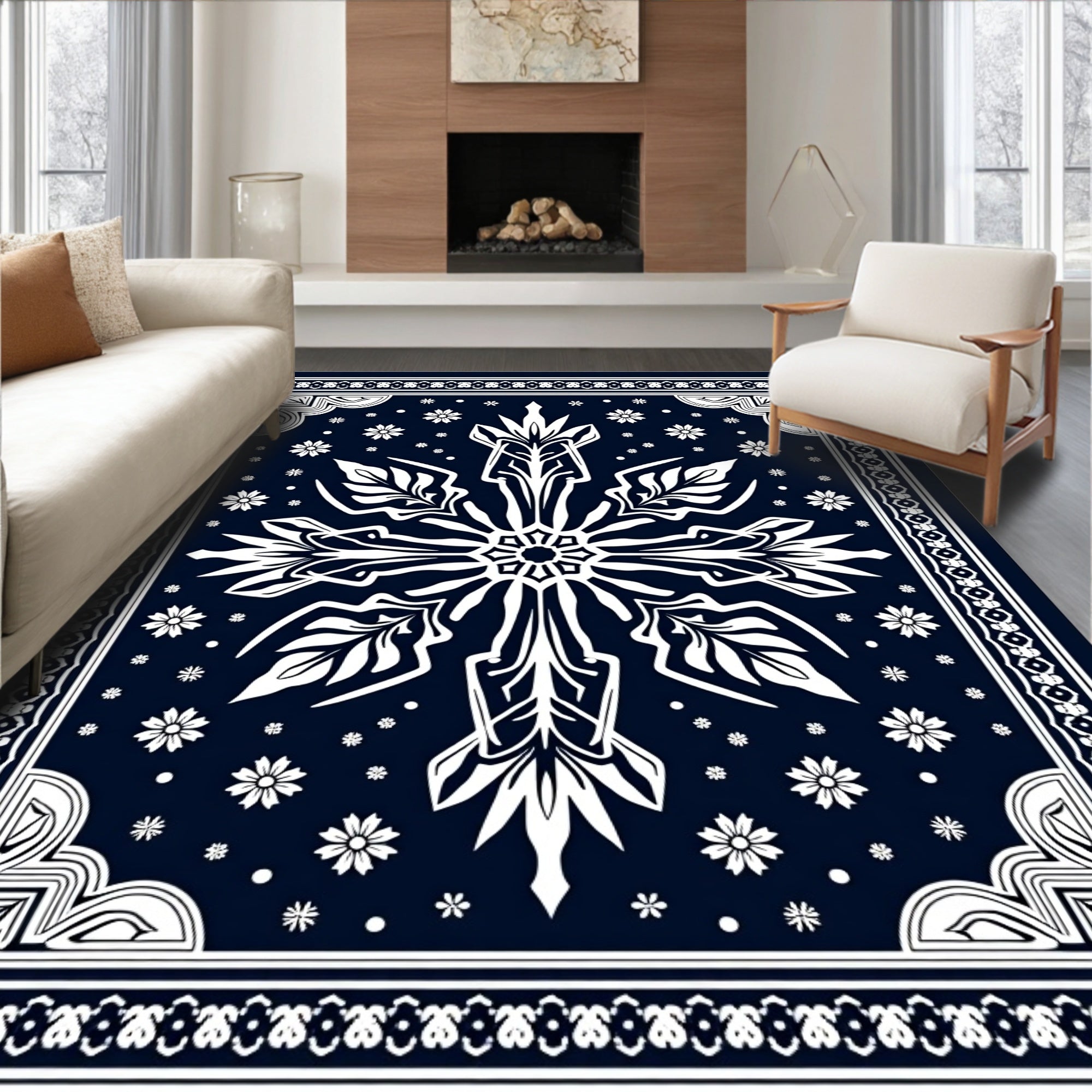 Midnight Blue White Floral Medallion Rug