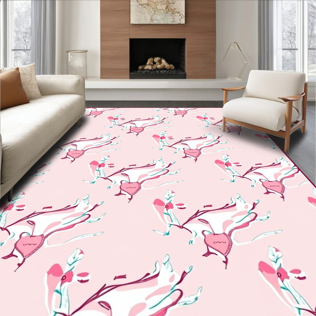 Whimsical Pink Heart Floral Branch Rug
