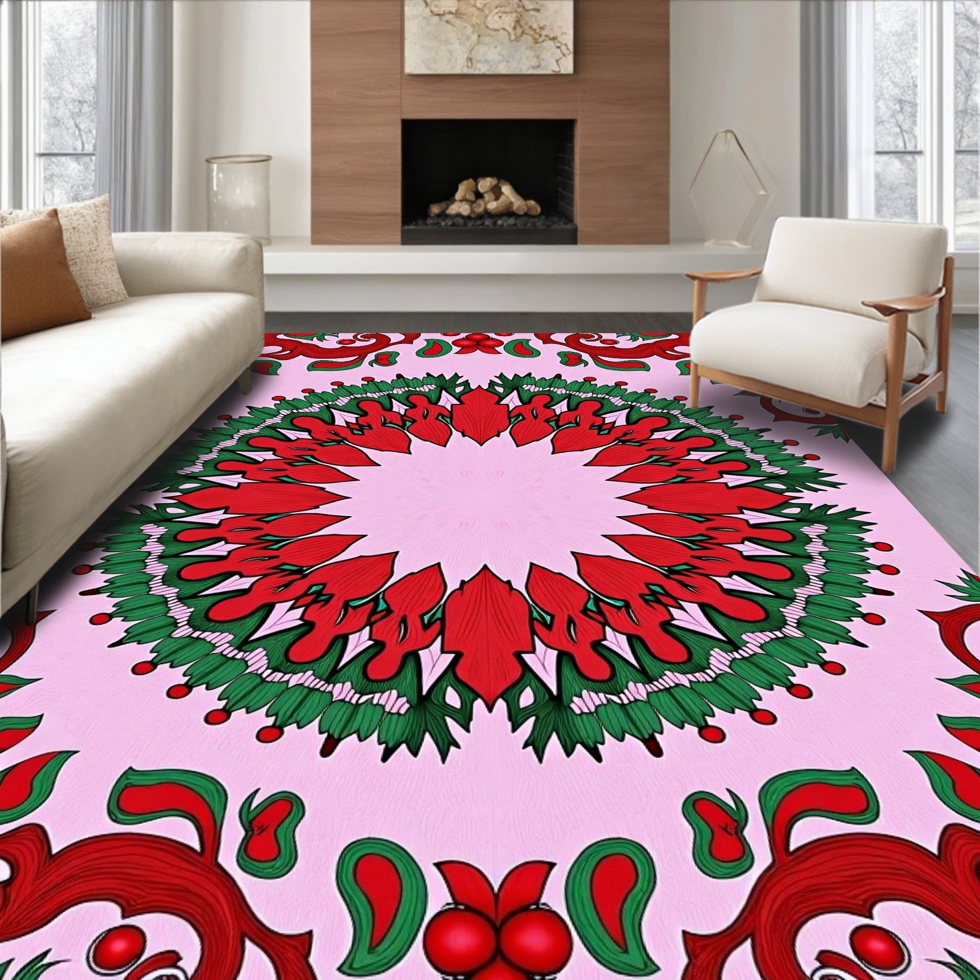 Pink Red Green Floral Mandala Rug