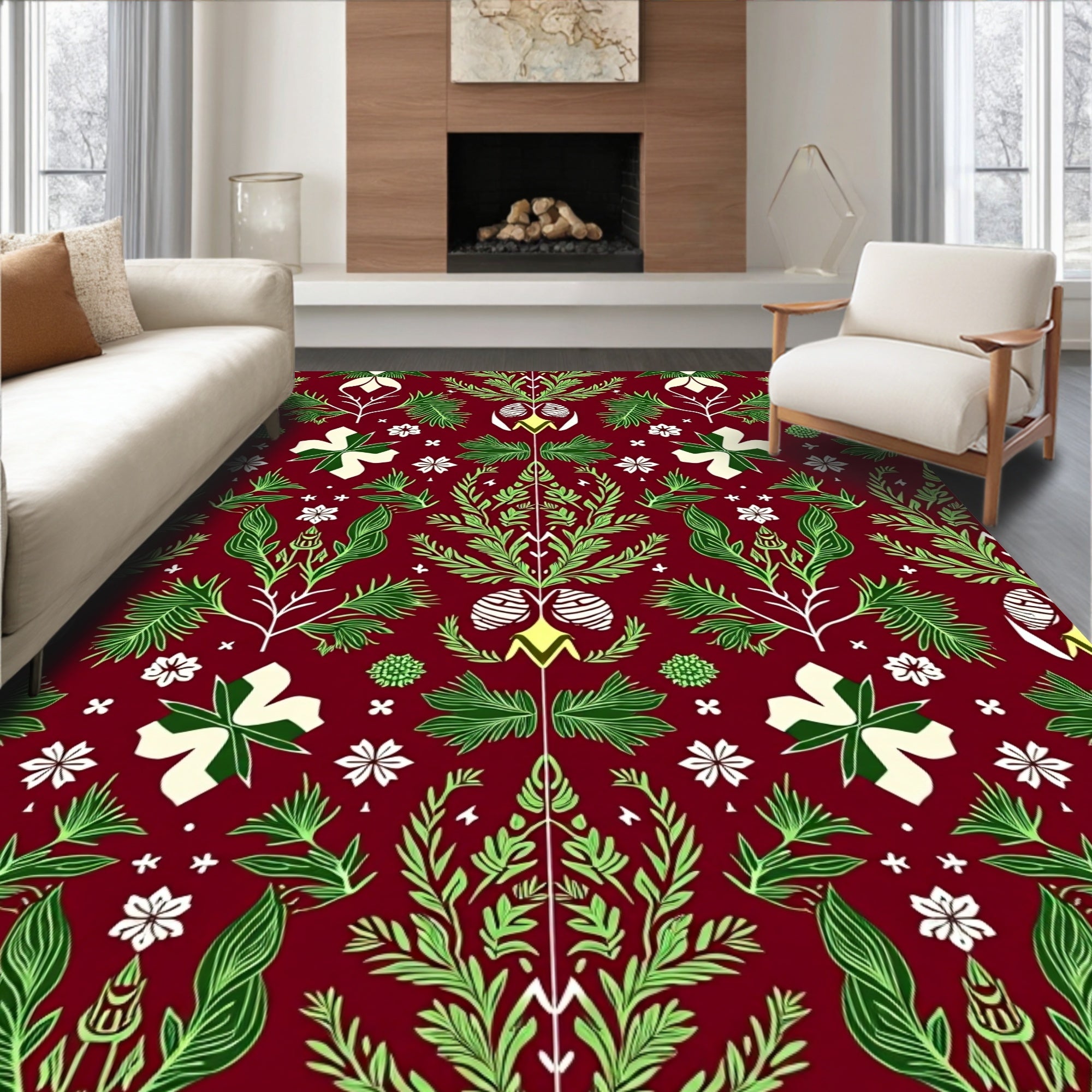 Rich Red Emerald Green Botanical Damask Rug