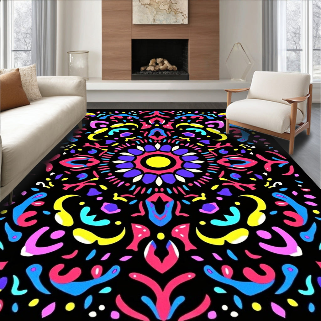 Vibrant Neon Mandala Flower Medallion Rug