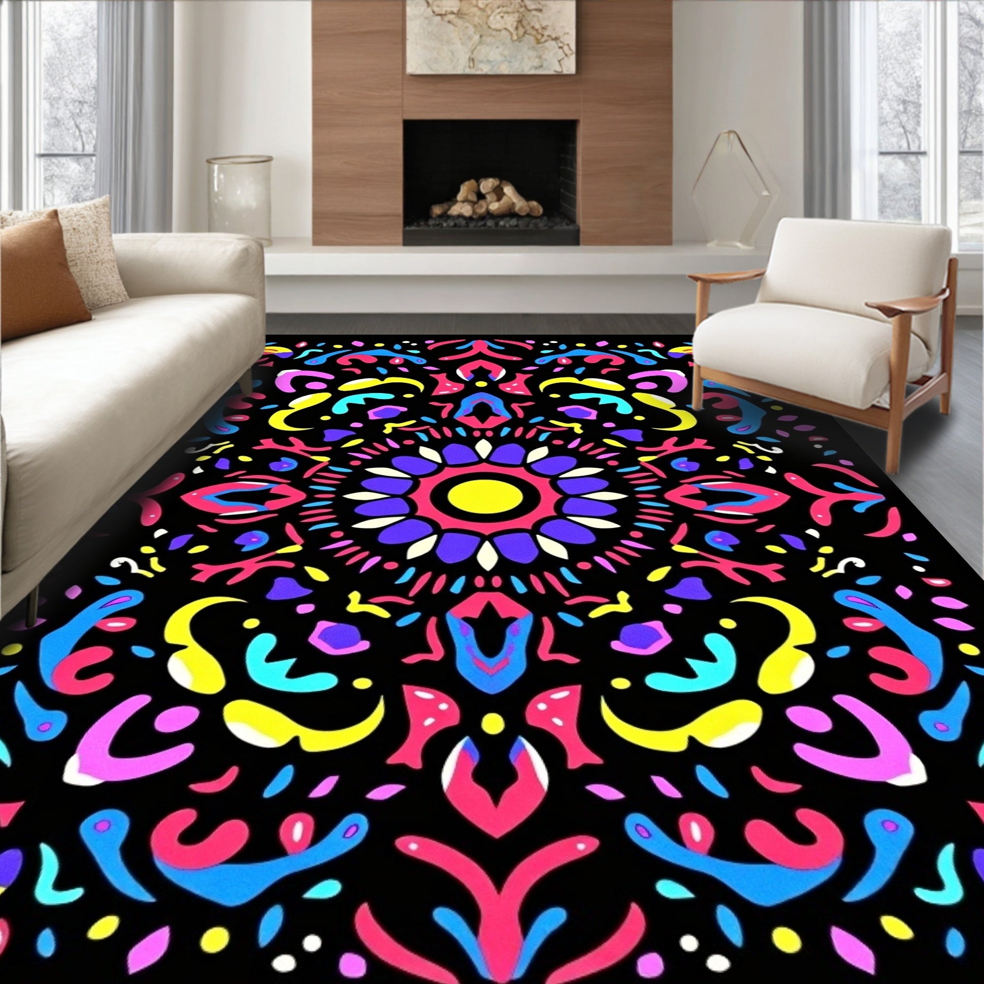 Vibrant Neon Mandala Flower Medallion Rug