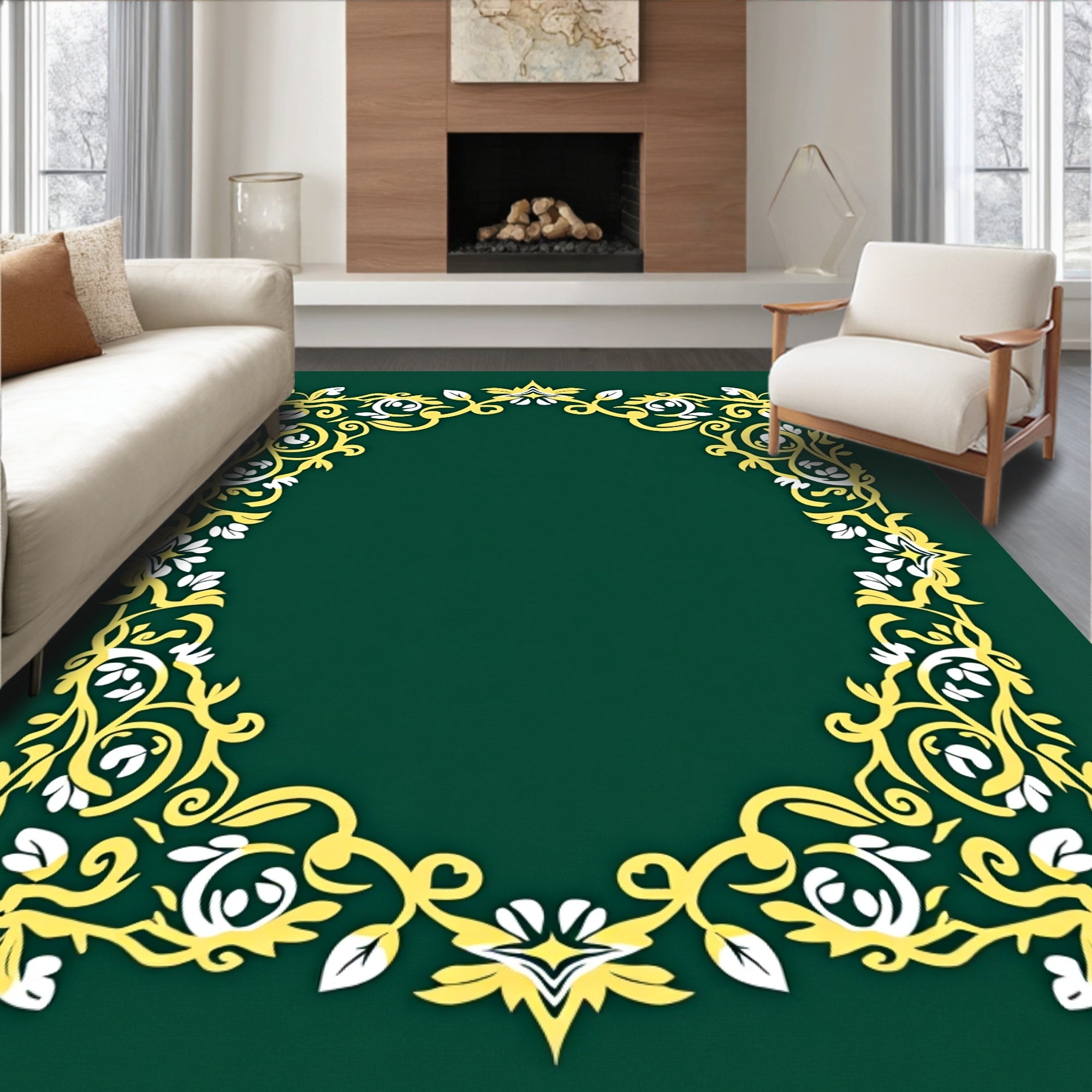 Golden Green Floral Scroll Frame Rug