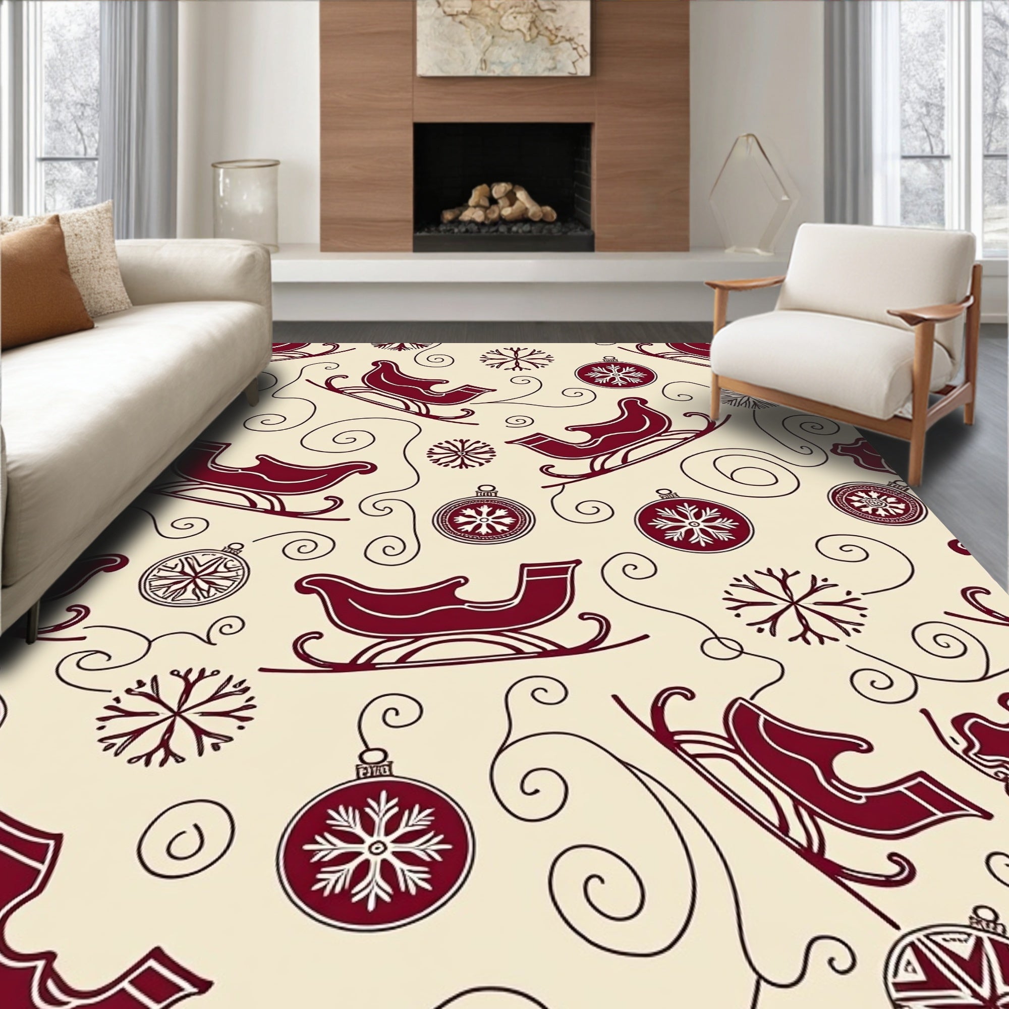 Crimson Sleigh And Snowflake Bazaar Rug