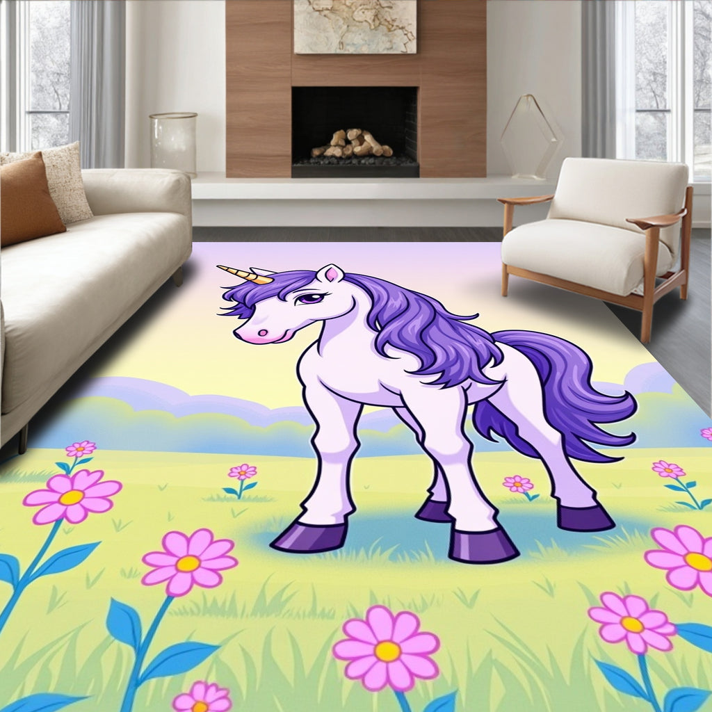 Magical Unicorn in Pink Daisy Meadow Rug