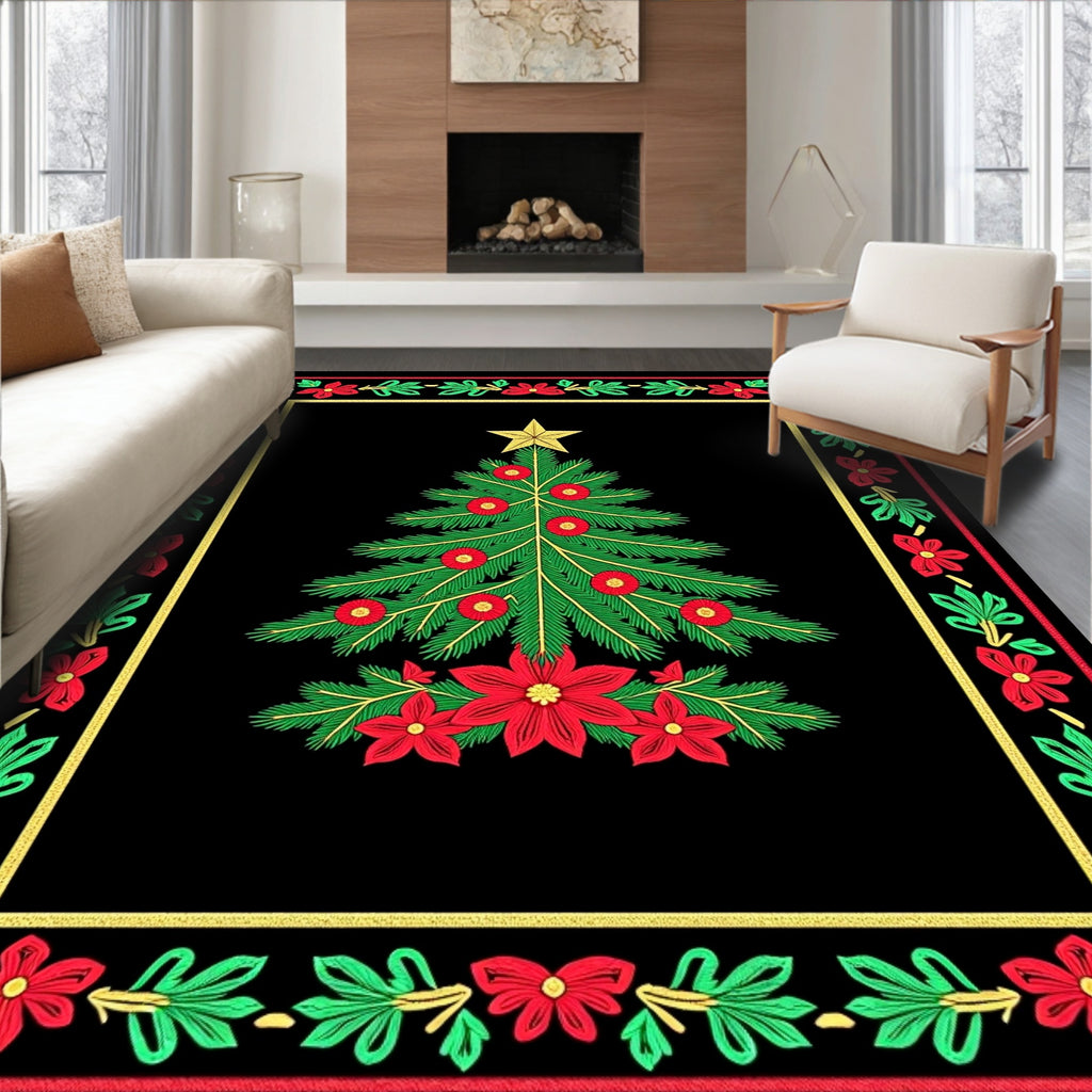 Festive Red Green Christmas Tree Poinsettia Rug