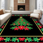 Festive Red Green Christmas Tree Poinsettia Rug