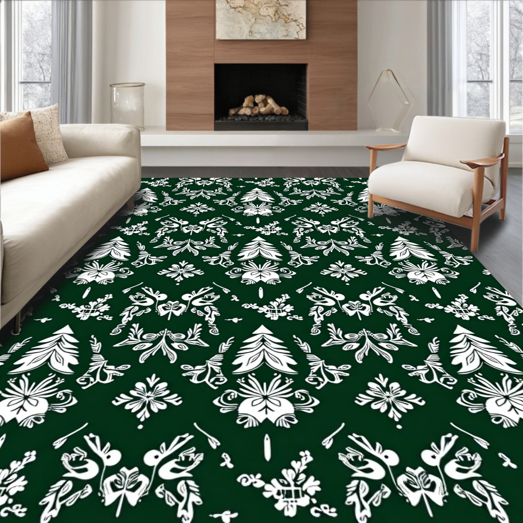 Deep Forest White Symmetry Ornament Rug