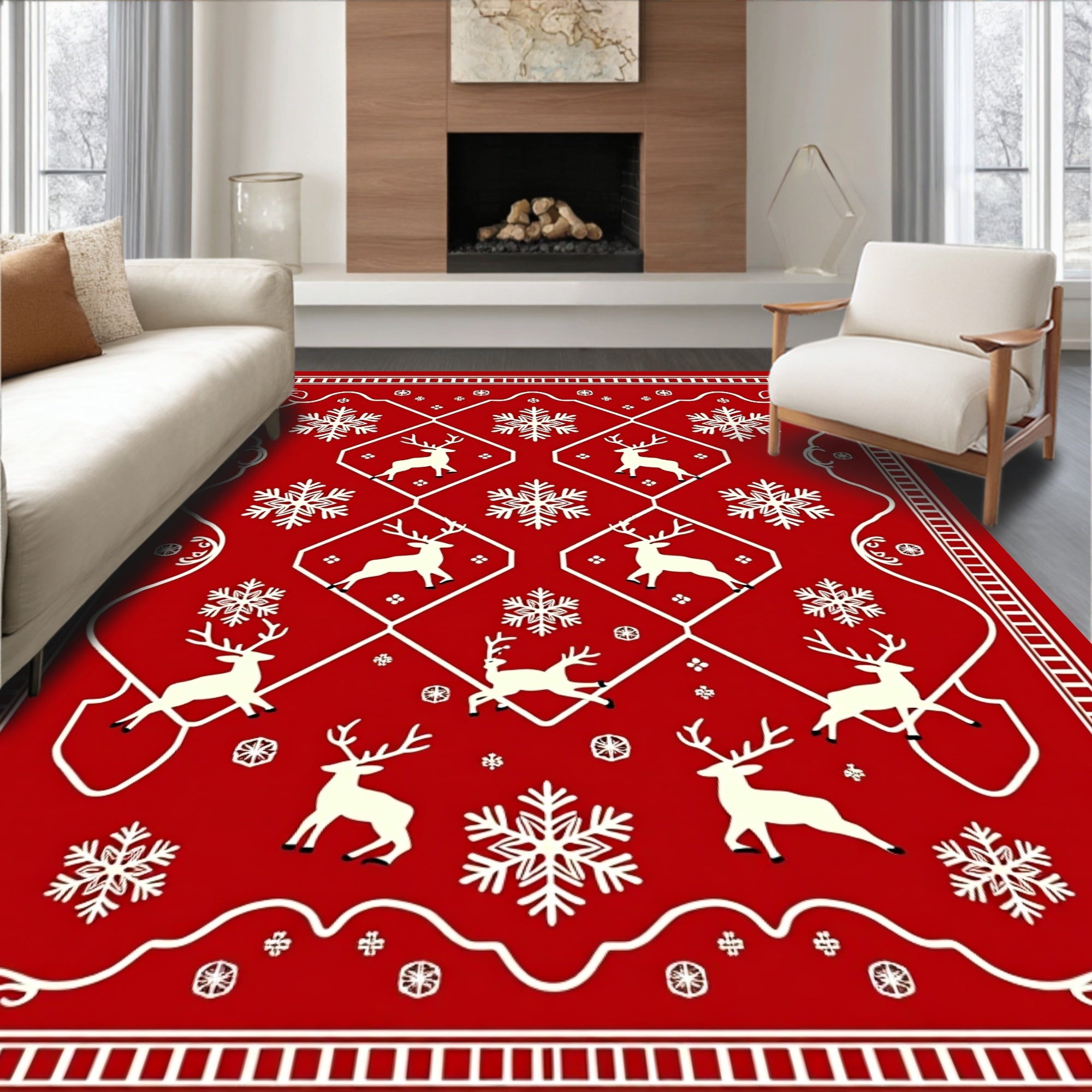 Crimson Reindeer Snowflake Holiday Scape Rug