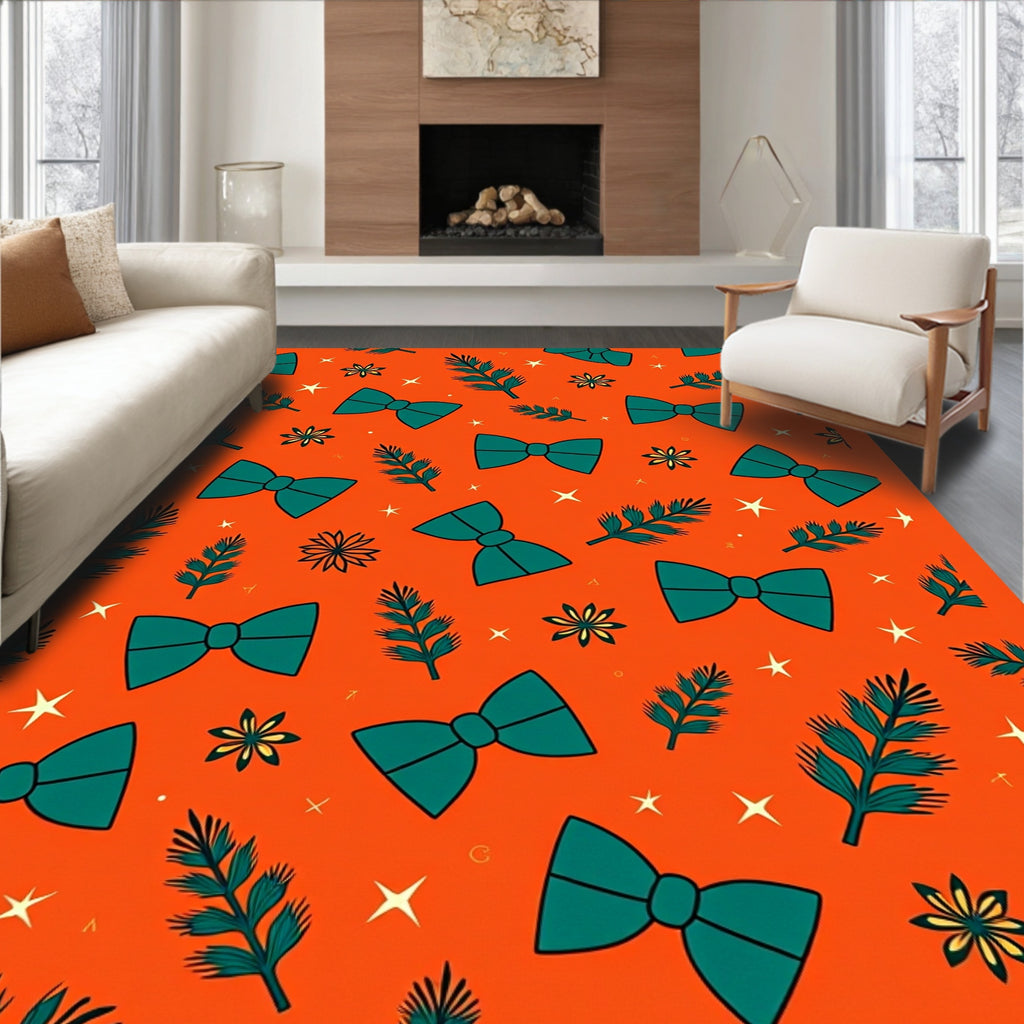 Teal Bow Festive Evergreen Sprigs Rug