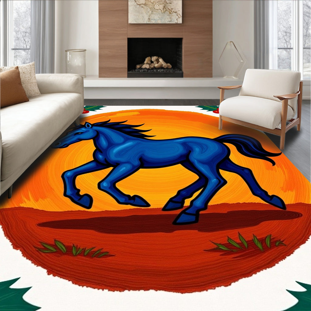 Bold Blue Horse Running Sunset Holly Rug