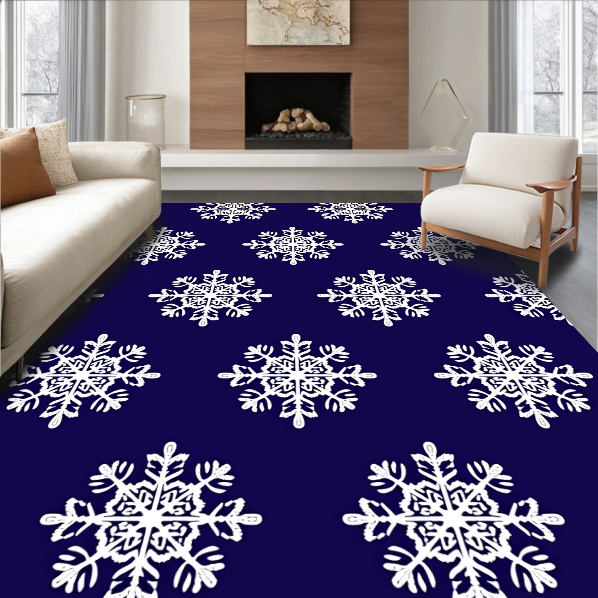 White Snowflakes On Deep Blue Background Rug