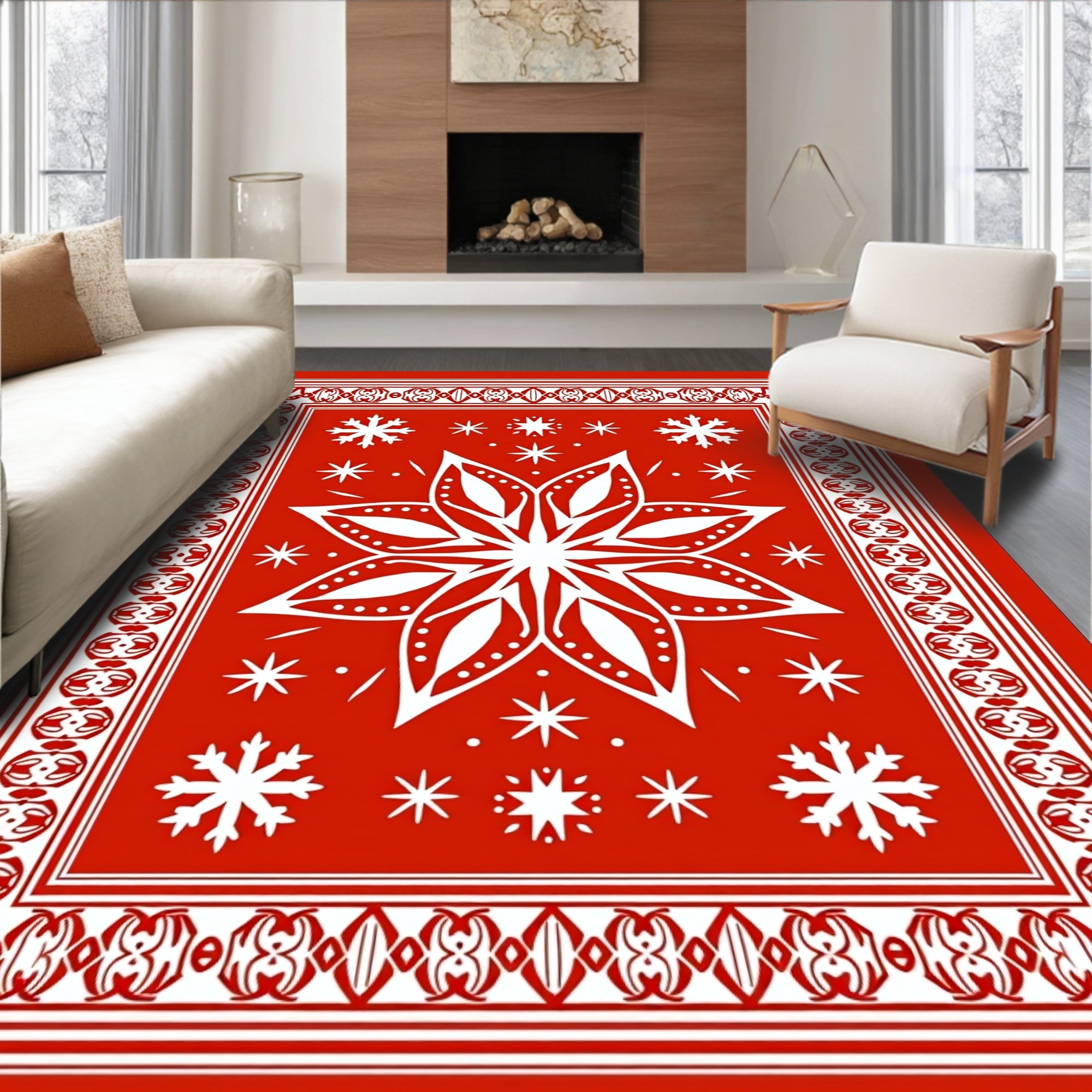 Vibrant Red White Snowflake Medallion Rug