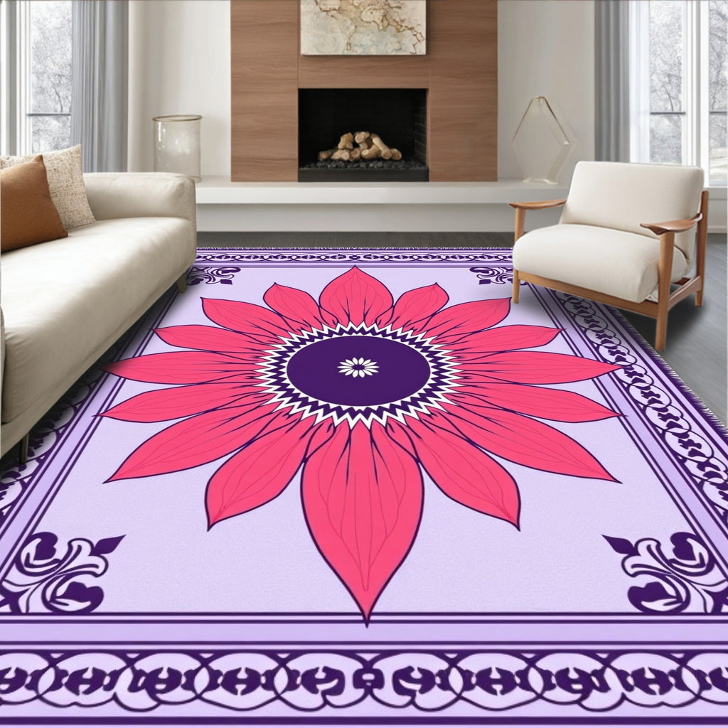 Vibrant Pink Petal Medallion Purple Border Rug